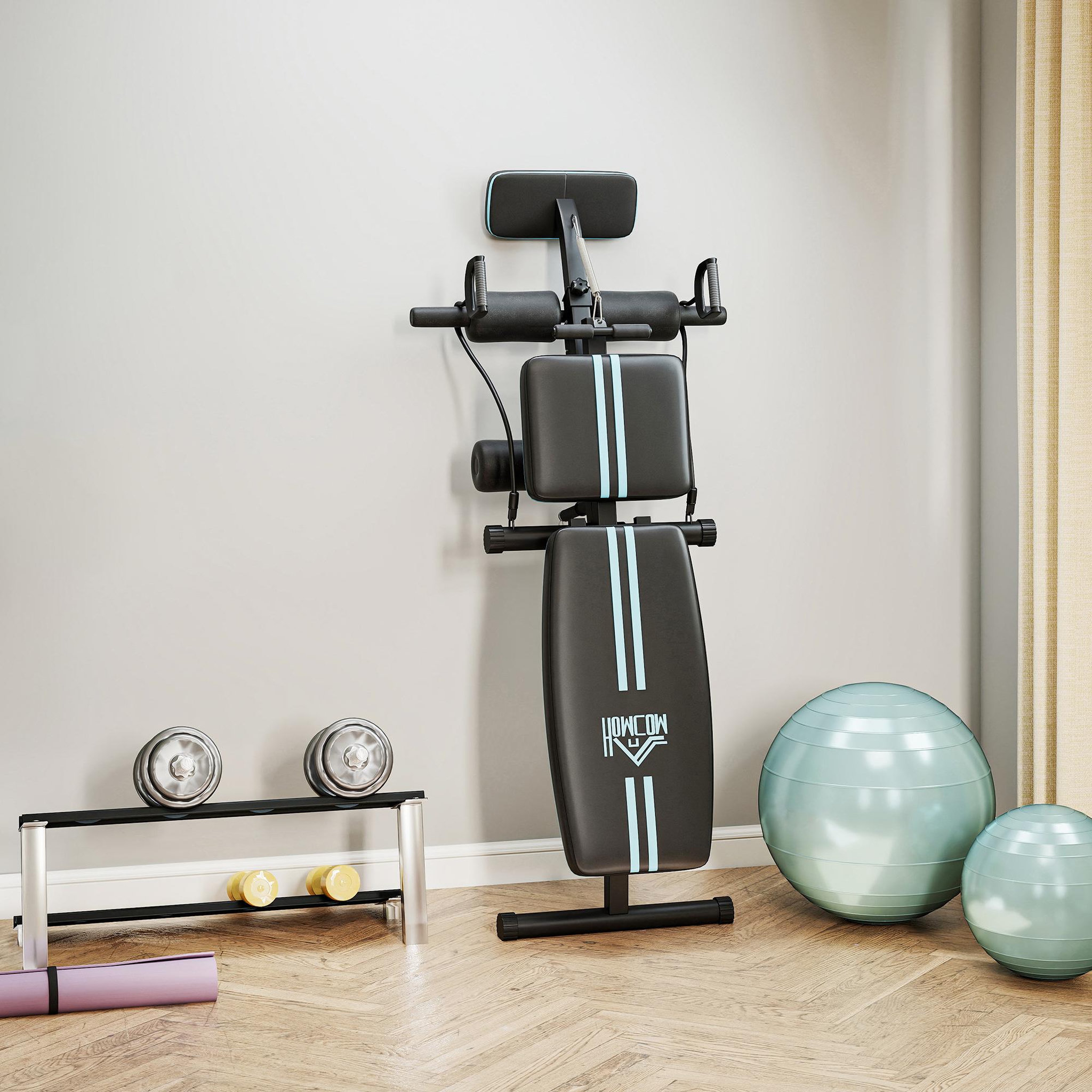 Voir la diapositive 4 : HOMCOM Banc de musculation pliable inclinable réglable sangles élastiques + support haltères inclus acier noir bleu
