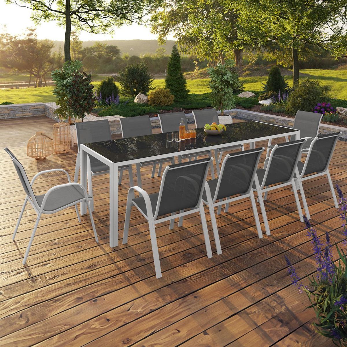 ID MARKET Salon de jardin MADRID table 240 CM et 10 chaises empilables blanc et gris