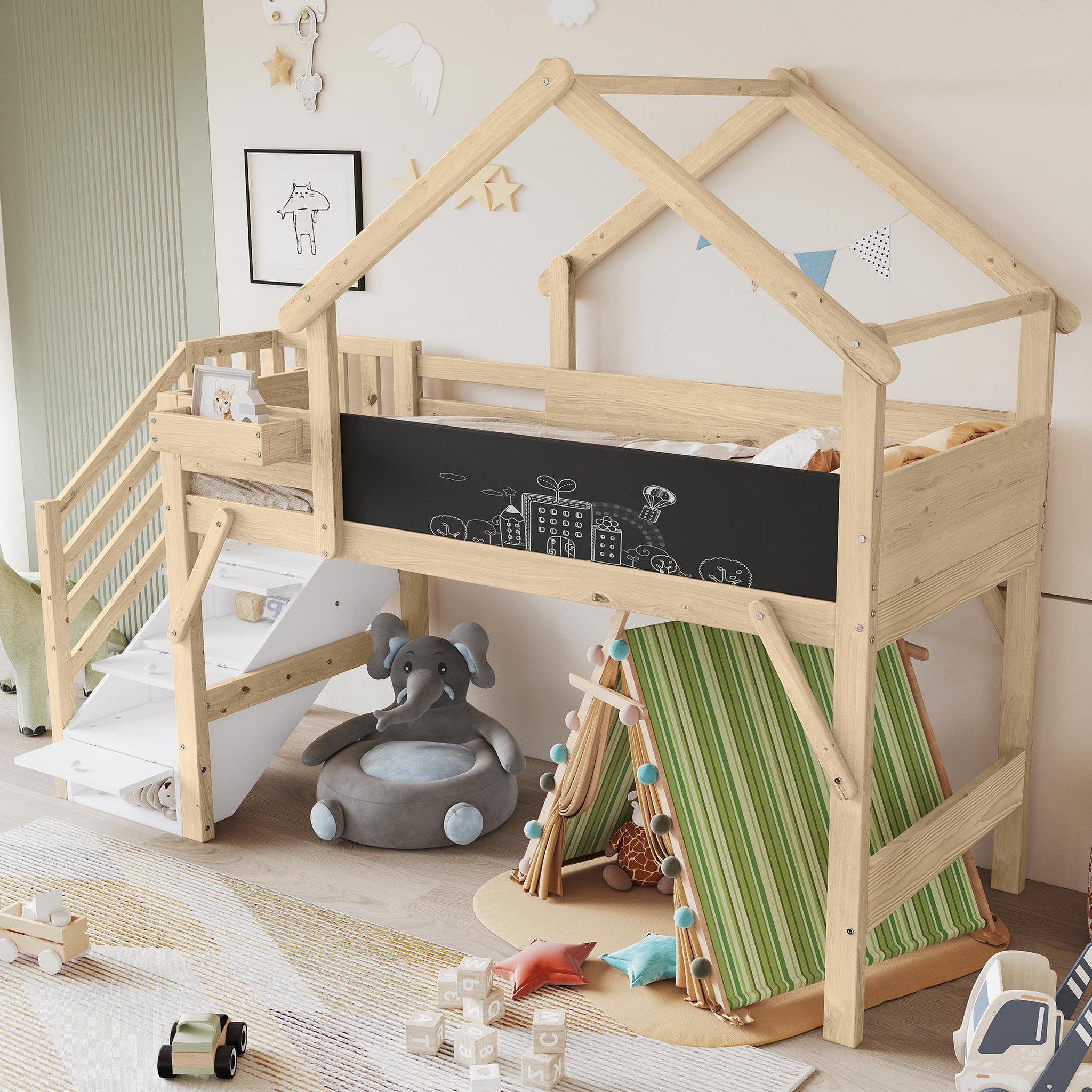 Voir la diapositive 5 : MERAX Lit enfant mi hauteur 90x200cm pin coloris blanc+naturel