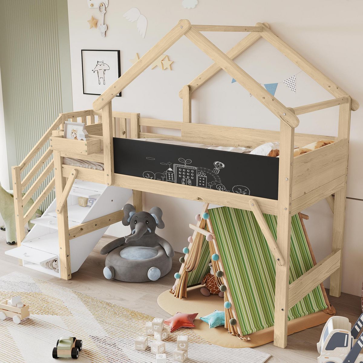 MERAX Lit enfant mi hauteur 90x200cm pin coloris blanc+naturel