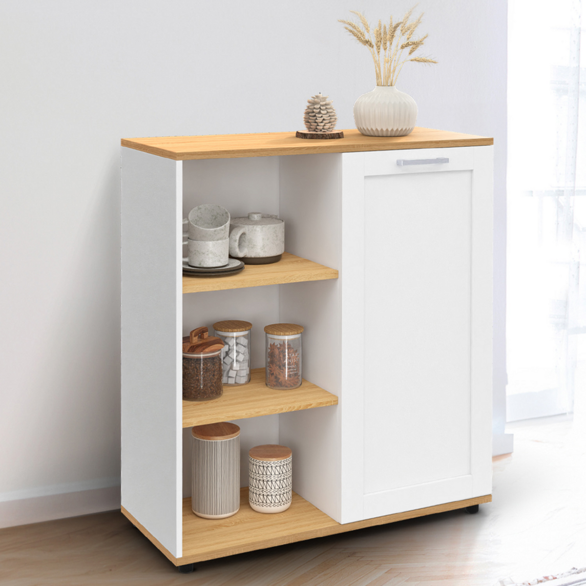 ID MARKET Buffet d'appoint 70 cm VITO 3 étagères et placard blanc et plateau bois