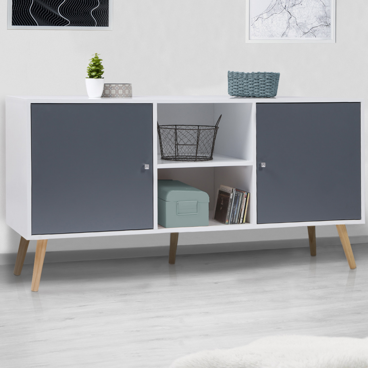 ID MARKET Buffet bas scandinave 140 cm EFFIE 2 portes bois blanc et gris
