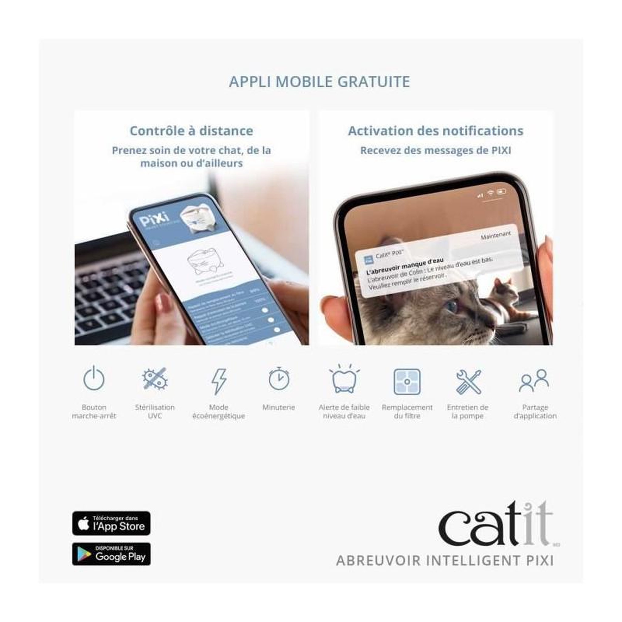 Voir la diapositive 3 : Cat'it CAT IT Fontaine a eau connectée pour chat - 2L (Acier inox, stérilisation UVC et application)