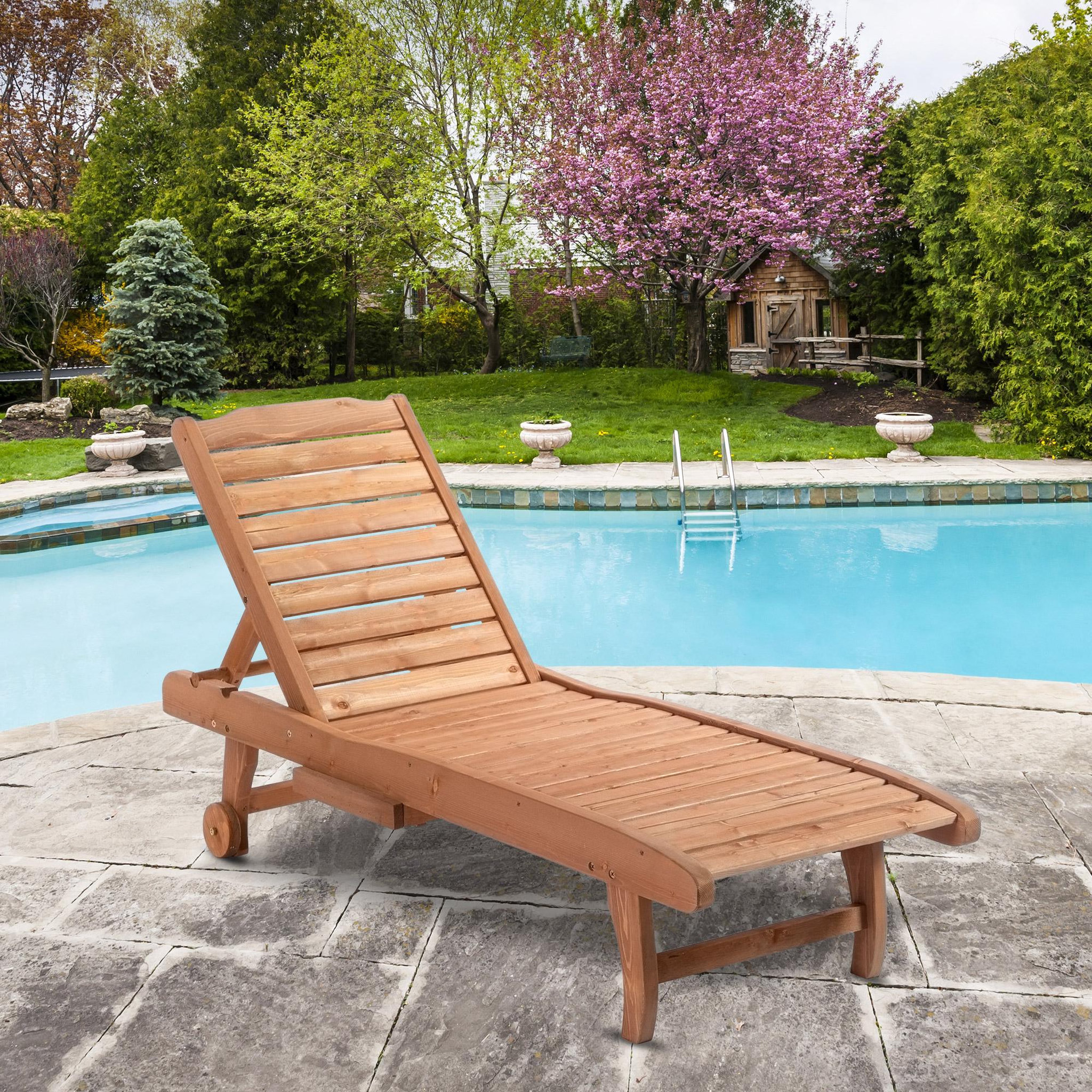 Voir la diapositive 2 : OUTSUNNY Bain de soleil transat style colonial dossier réglable 3 positions roulettes tablette support bois sapin pré-huilé
