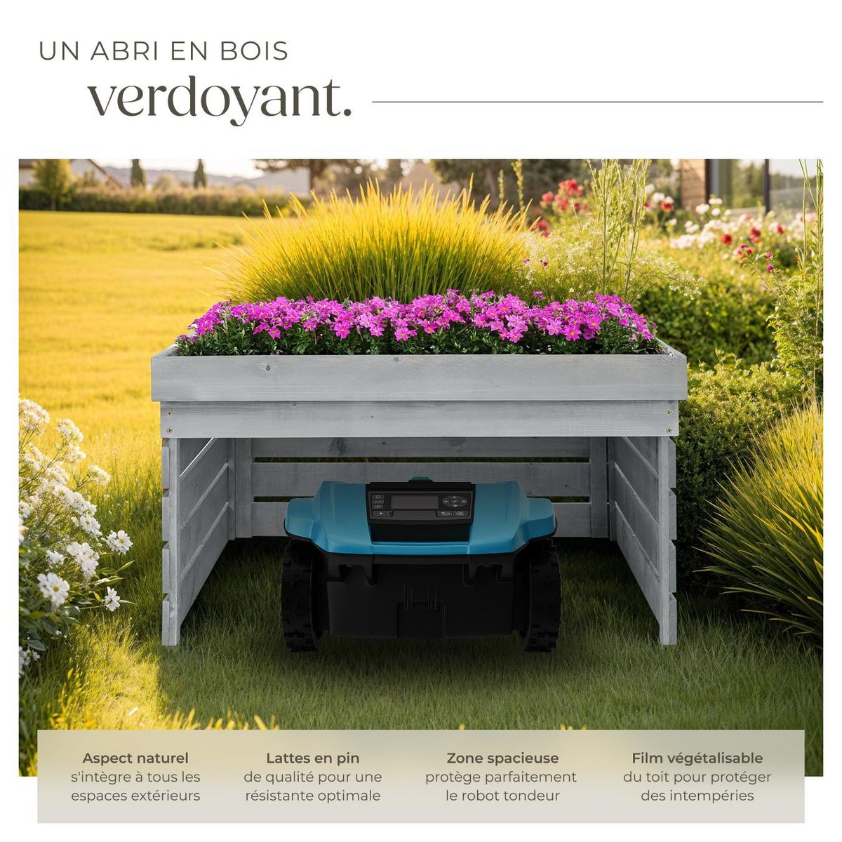 tectake Garage pour robot tondeuse en lattes de pin teintées résistantes aux intempéries gris