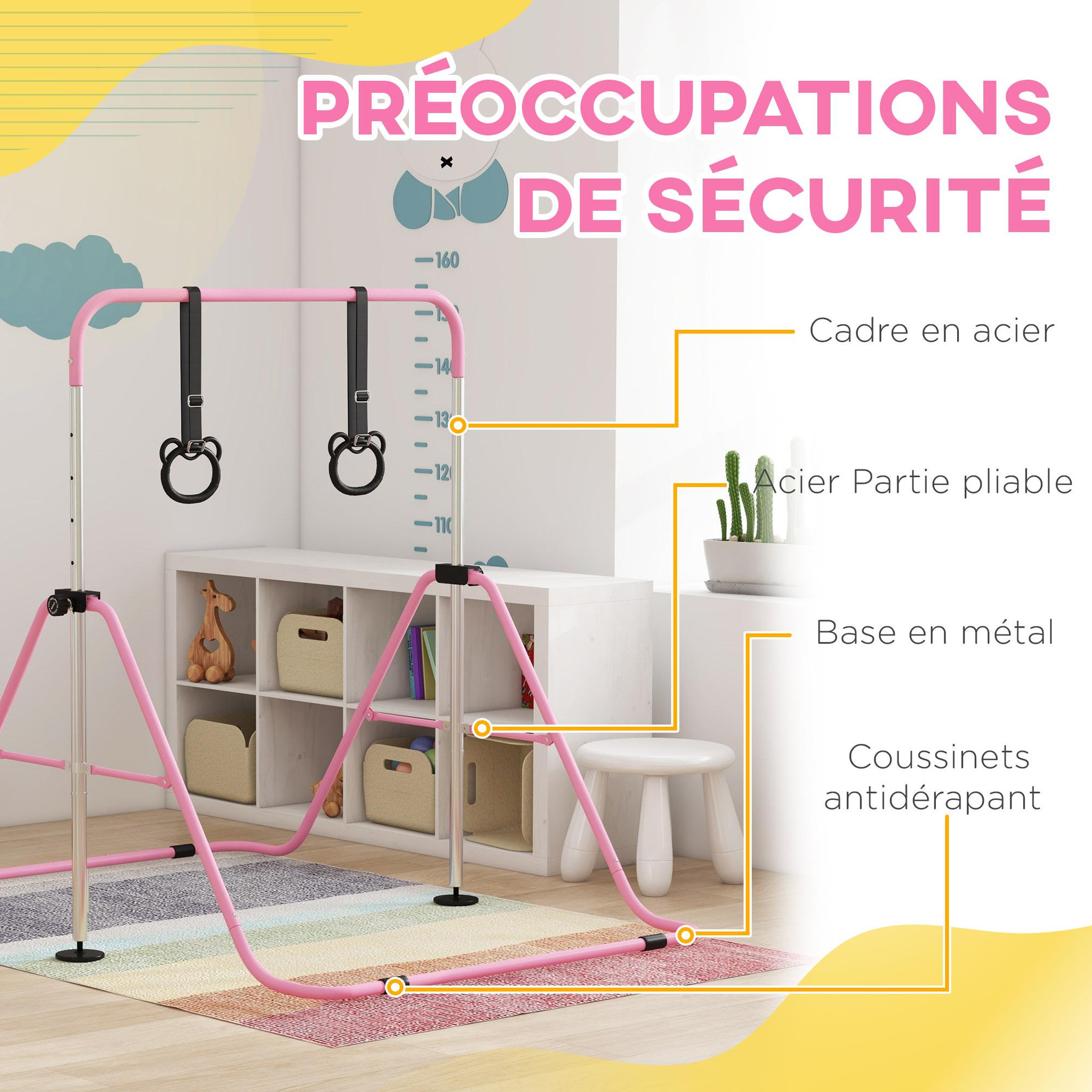 Voir la diapositive 6 : HOMCOM Portique d'anneaux double haubanage hauteur réglable dim. 148L x 105l x 88-128H cm acier rose