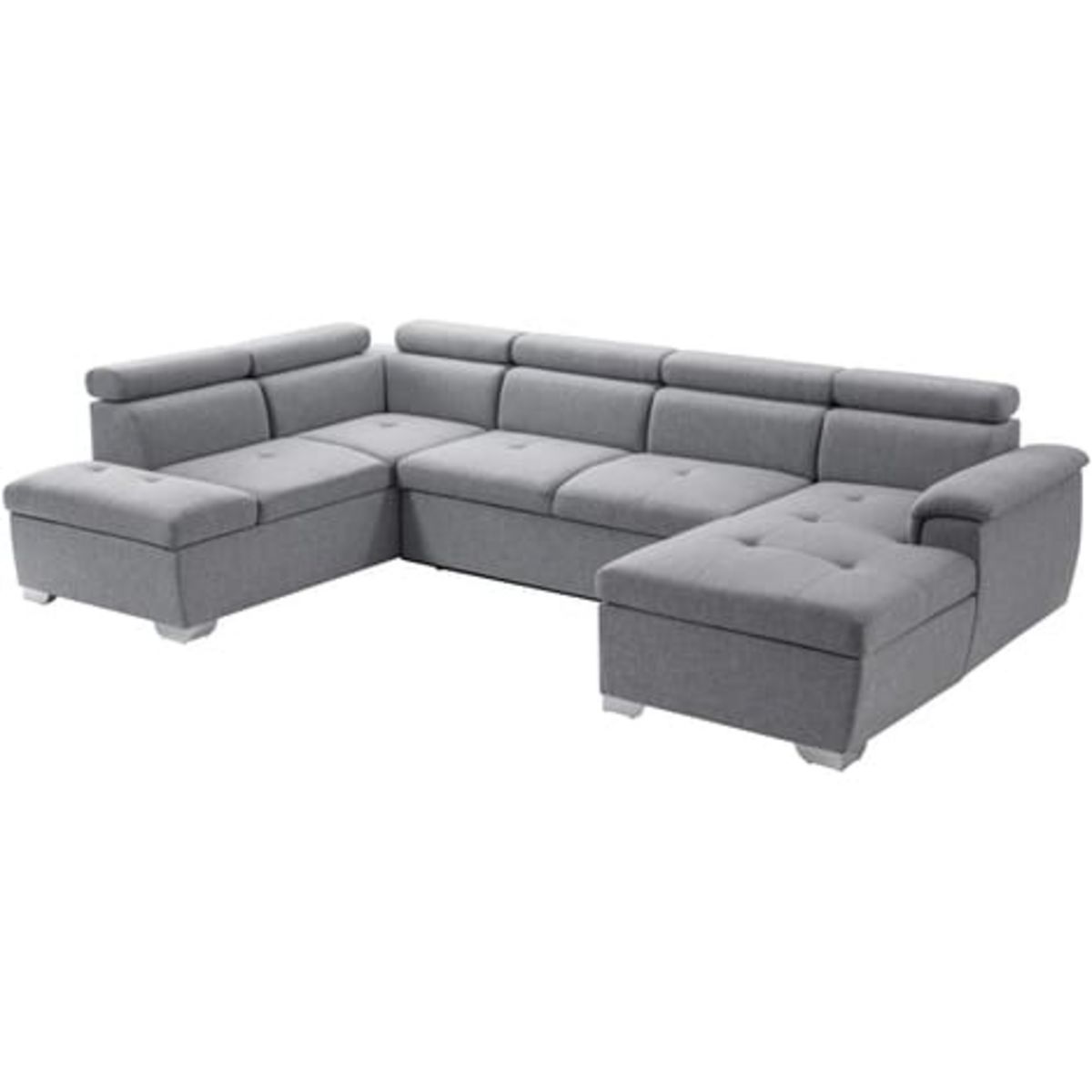 Canapé d'angle gauche convertible, PARMA, 5 à 6 places, rangement étagère, coffre de stockage, tissu gris clair