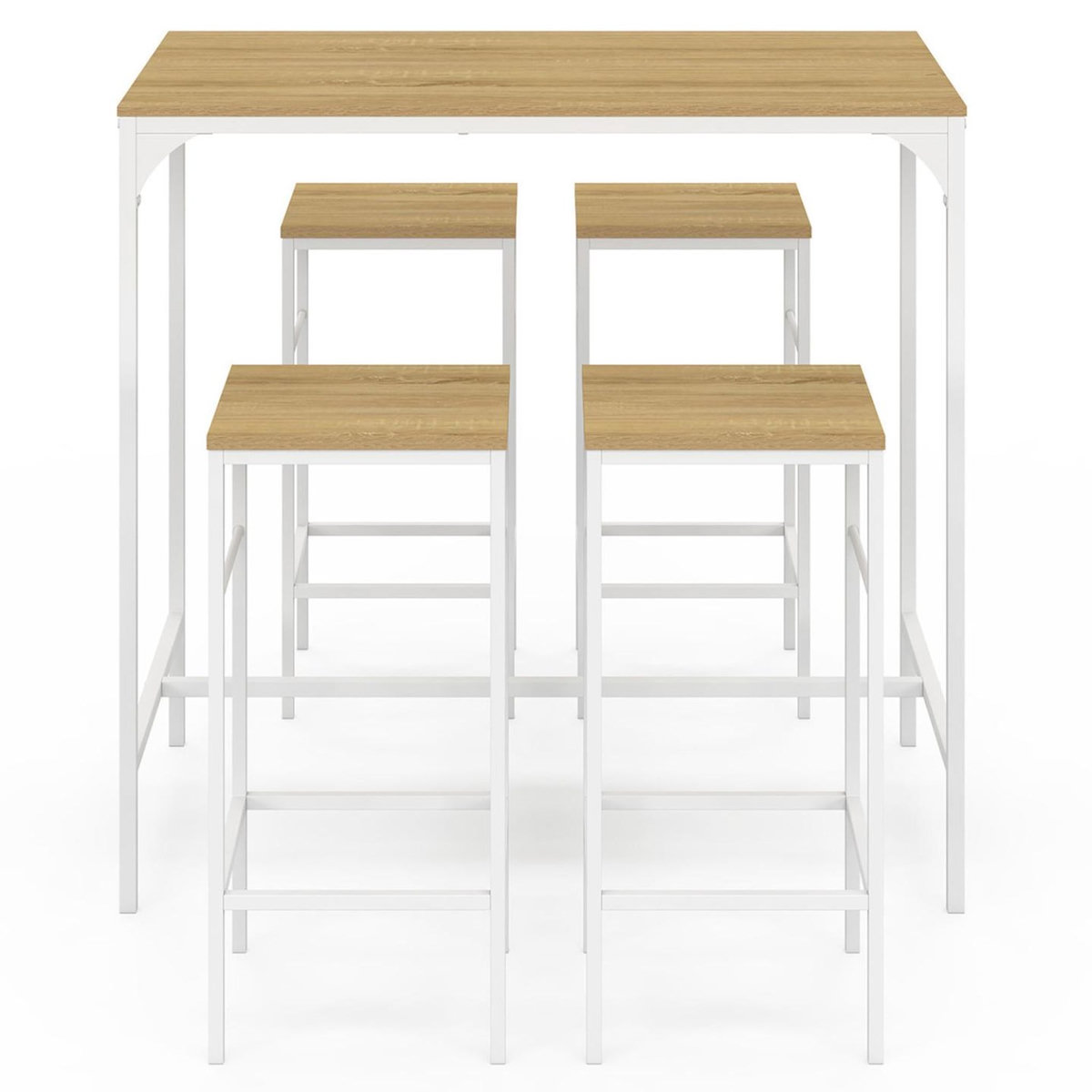 ID MARKET Ensemble table haute de bar DETROIT 100 cm et 4 tabourets de bar bois et métal blanc design industriel