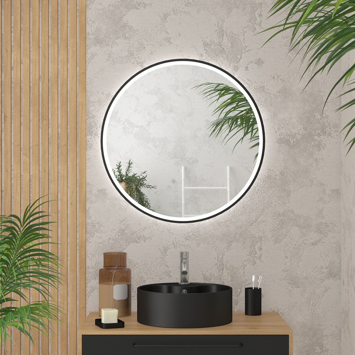 Aurlane Miroir salle de bain avec eclairage LED et contour noir - Ø70cm -  GO BLACK LED pas cher 