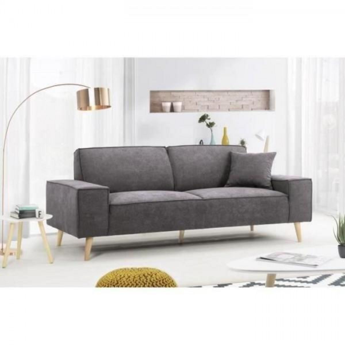 MARKET24 Hexagone - Canapé droit 3 places - Tissu Gris - L 216 x P 90 x H 80 cm - Gustave