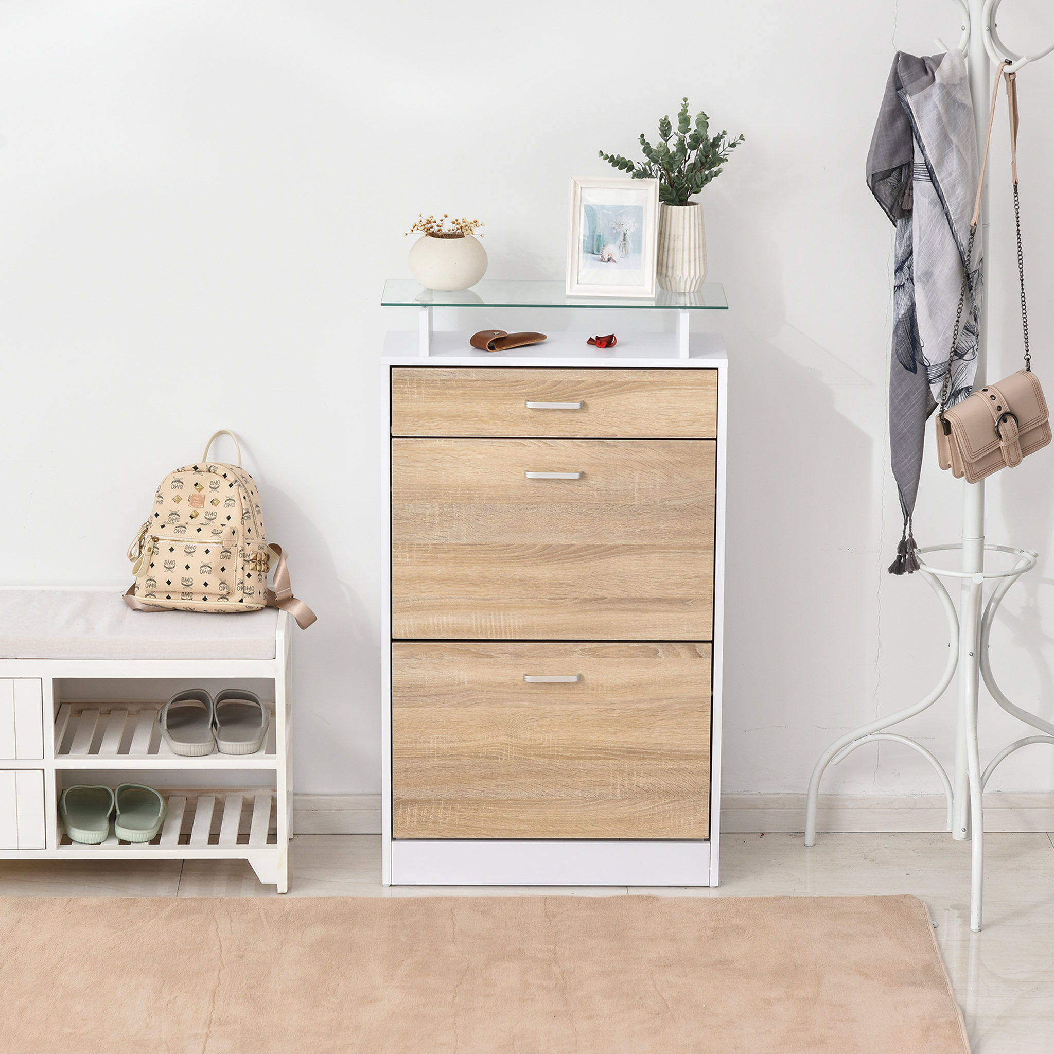 Voir la diapositive 2 : HOMCOM Armoire à chaussures organisateur de luxe pour chaussures 2 portes abattantes 2 compartiments, tiroir, étagère verre panneaux particules chêne blanc