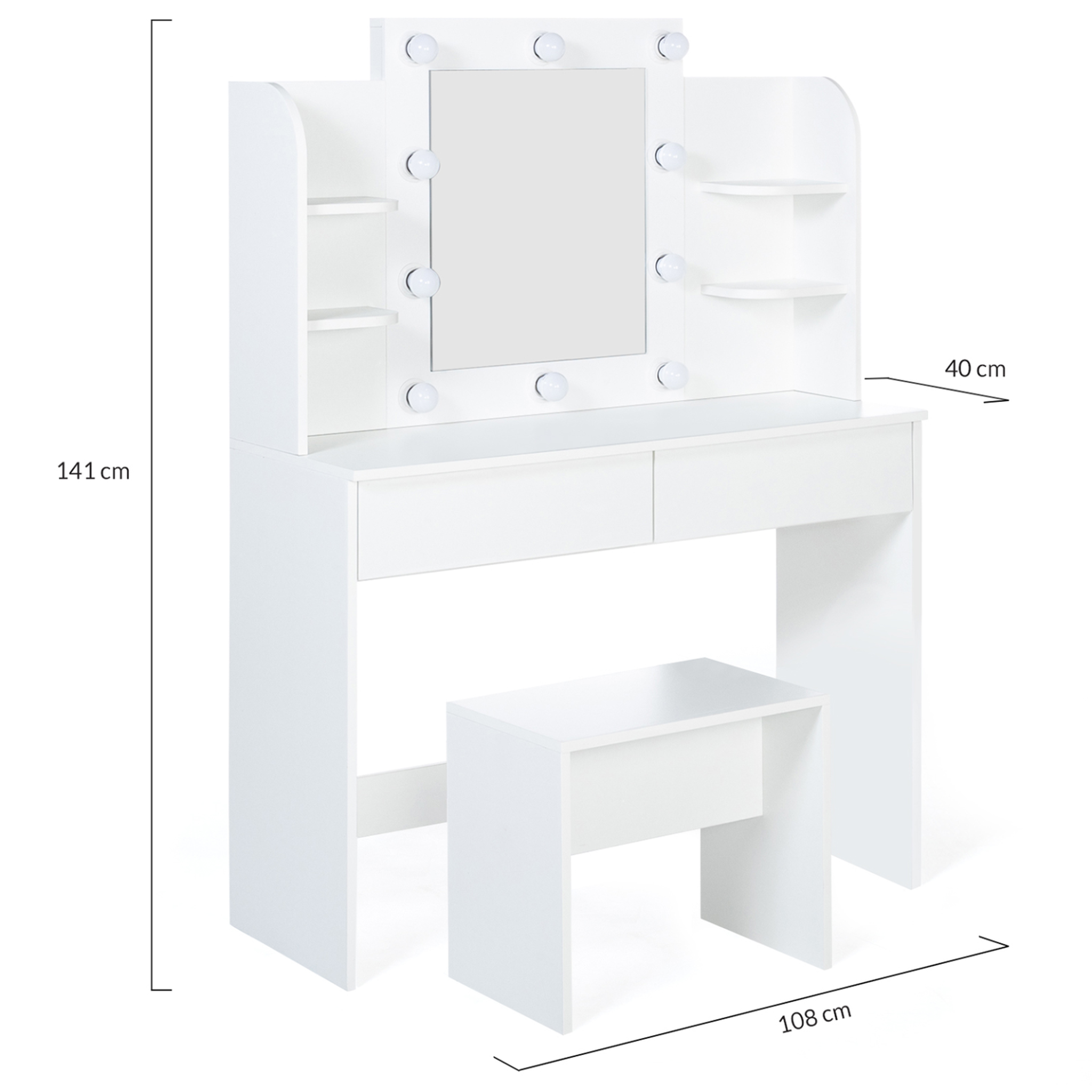 Voir la diapositive 6 : ID MARKET Coiffeuse zelia blanche table de maquillage 4 étagères, miroir led et tabouret