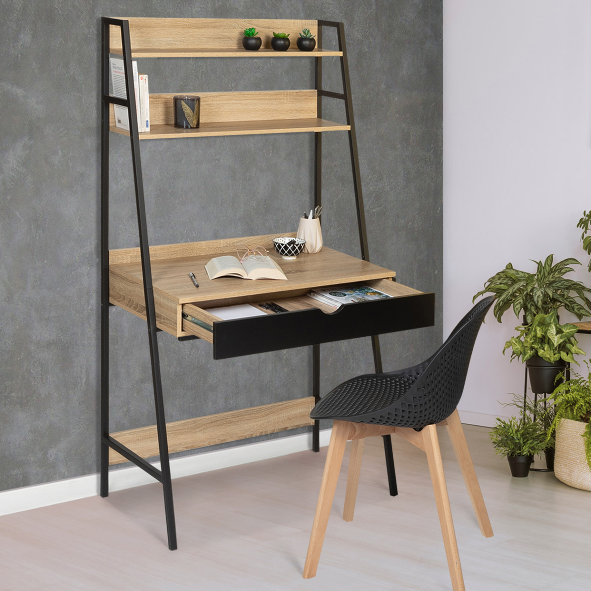 Voir la diapositive 4 : ID MARKET Bureau étagère 1 tiroir noir boston design industriel
