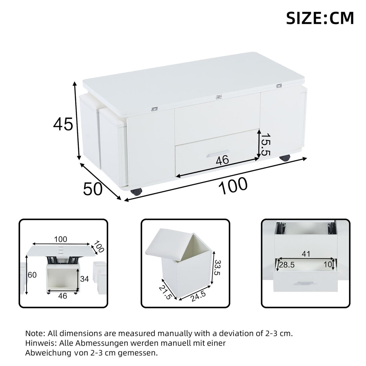 MERAX Table basse relevable rectangulaire blanc - 50x100 cm panneau de particules