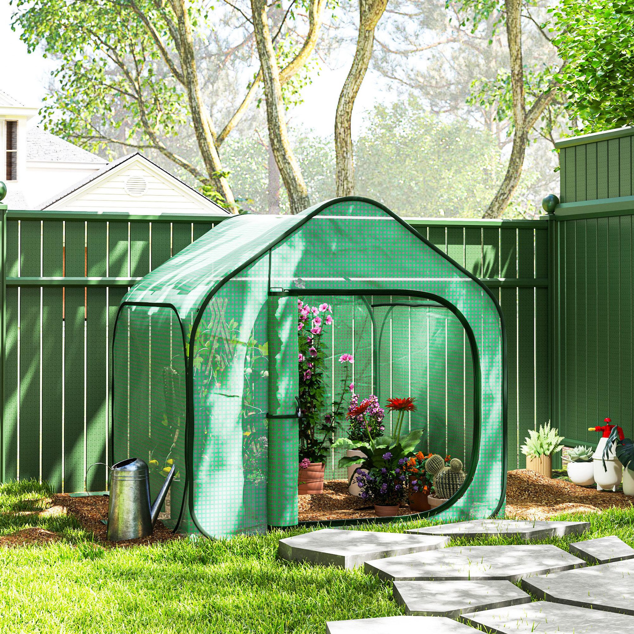 Voir la diapositive 2 : OUTSUNNY Mini serre de jardin pop up - porte zippée - dim. 150 x 148 x 148 cm - acier pe vert