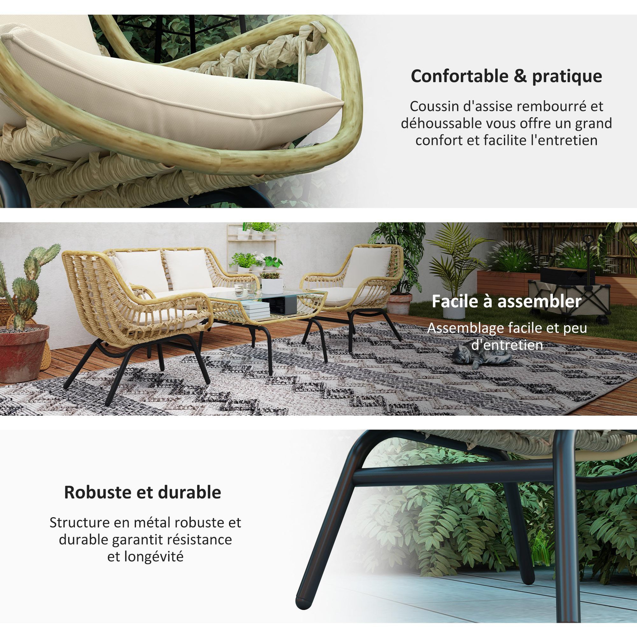 Voir la diapositive 5 : OUTSUNNY Salon de jardin 4 pers. 4 pièces style exotique métal époxy résine imitation bambou coussins grand confort inclus polyester beige