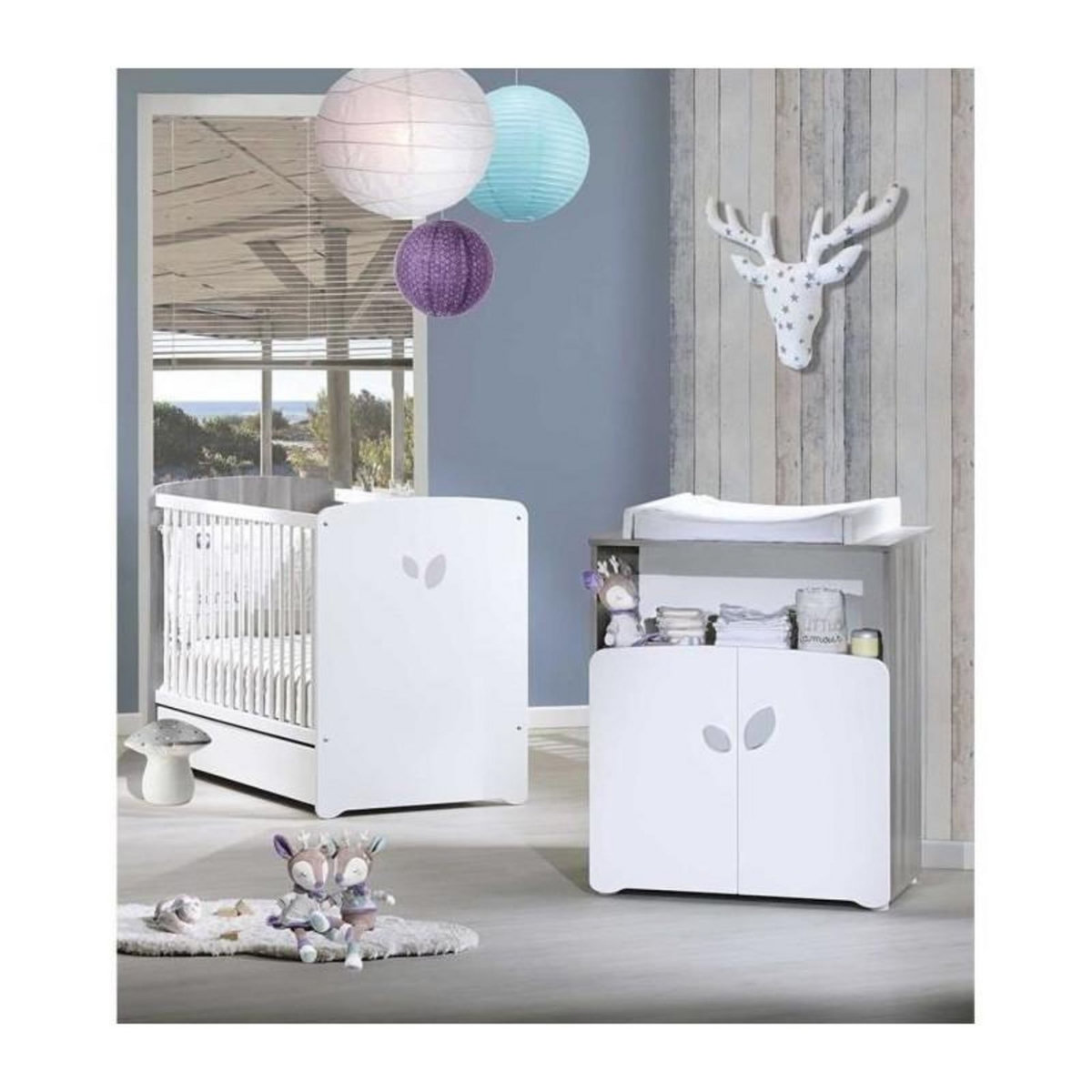 BABY PRICE Chambre bébé duo Leaf: lit 120x60, commode a langer - Babyprice - Blanc