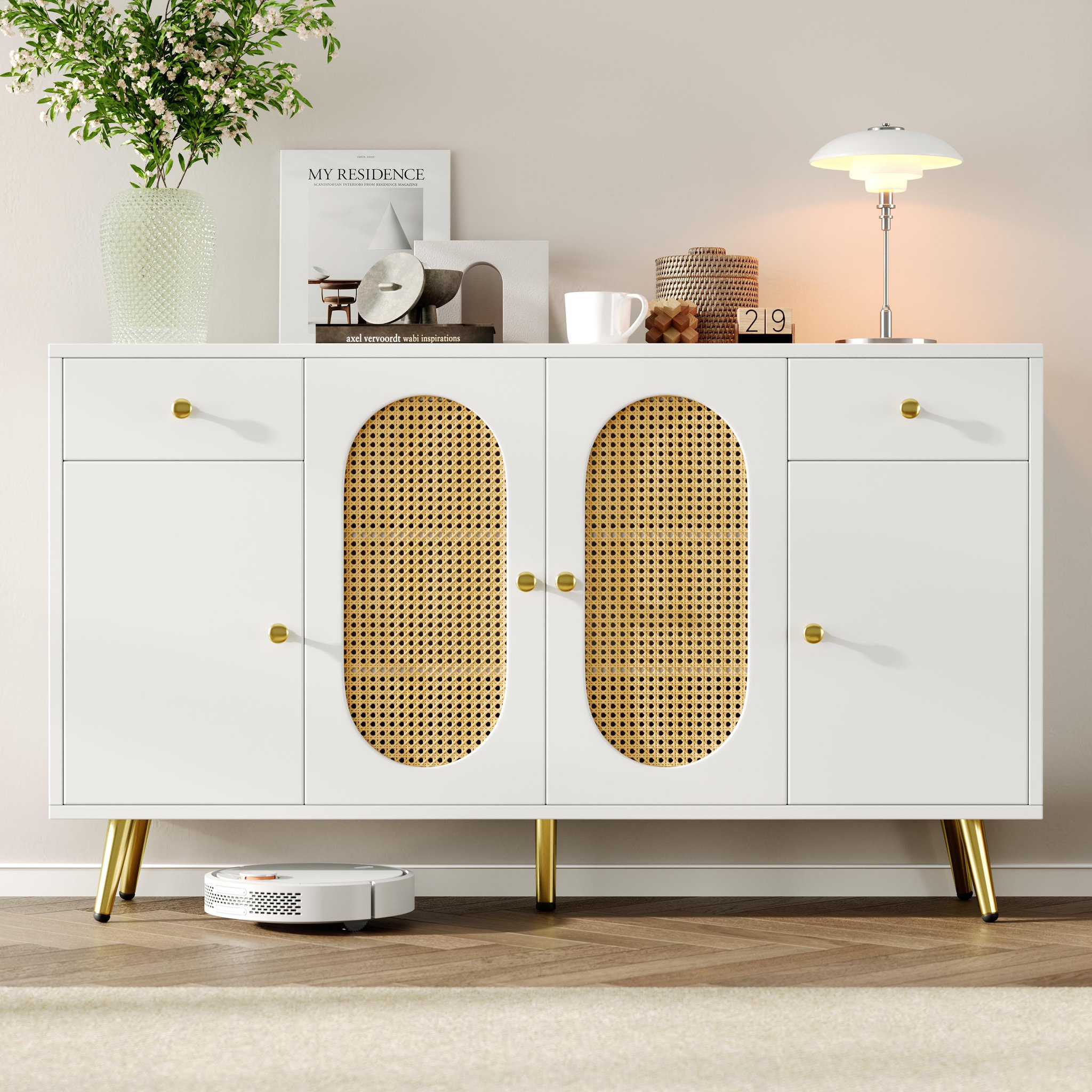 Voir la diapositive 2 : MERAX Buffet 4 porte(s) 2 tiroir(s) - 140 cm blanc panneau de particules