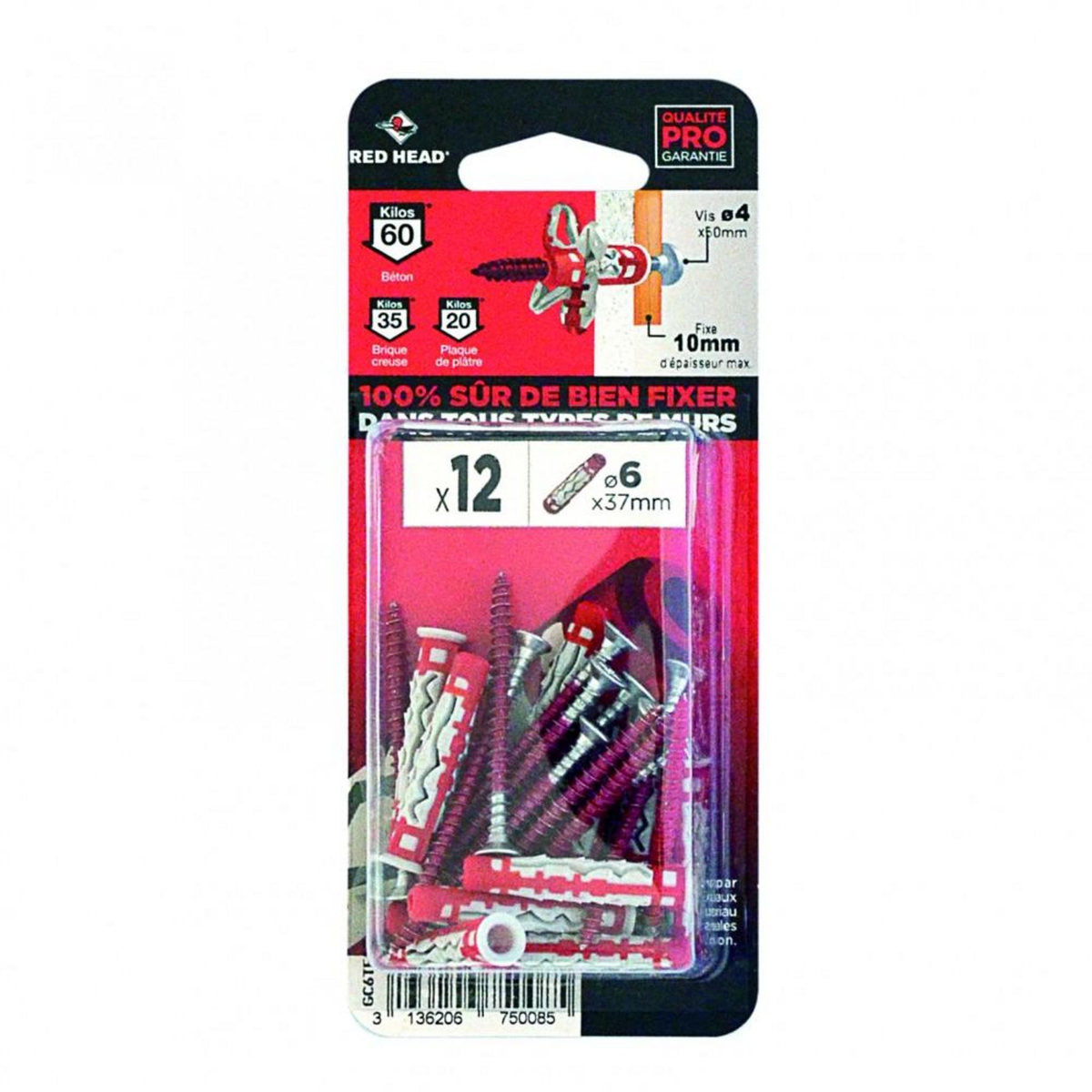 RED HEAD Lot de 12 chevilles et vis couleur RED HEAD, Diam.6 mm x L.37 mm