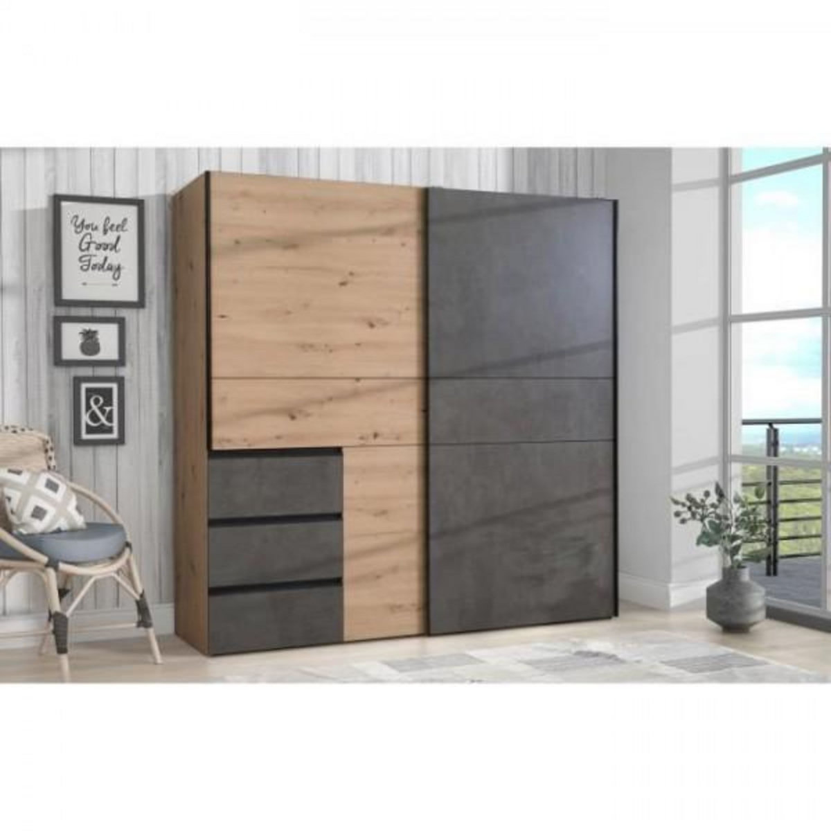 MARKET24 Armoire 2 portes coulissantes 3 tiroirs - Décor chene artisan et béton gris - L 200,1 x P 61,2 x H 200,5 cm - WINN2