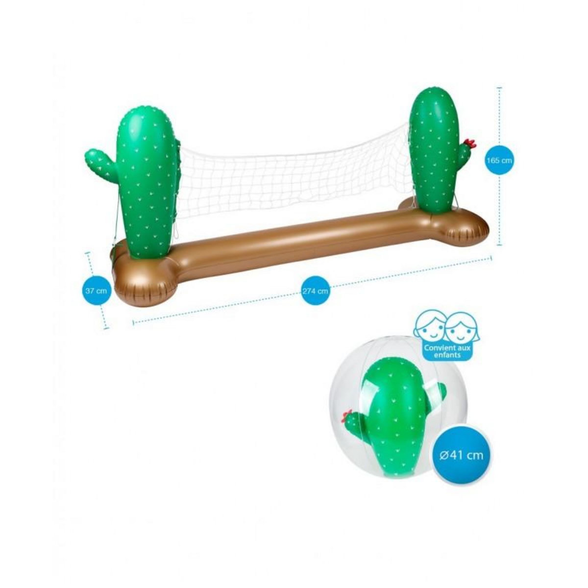 AIRMYFUN Filet de volley Gonflable et Flottant + Ballon Gonflable pour Piscine & Plage - Pack Sport Cactus