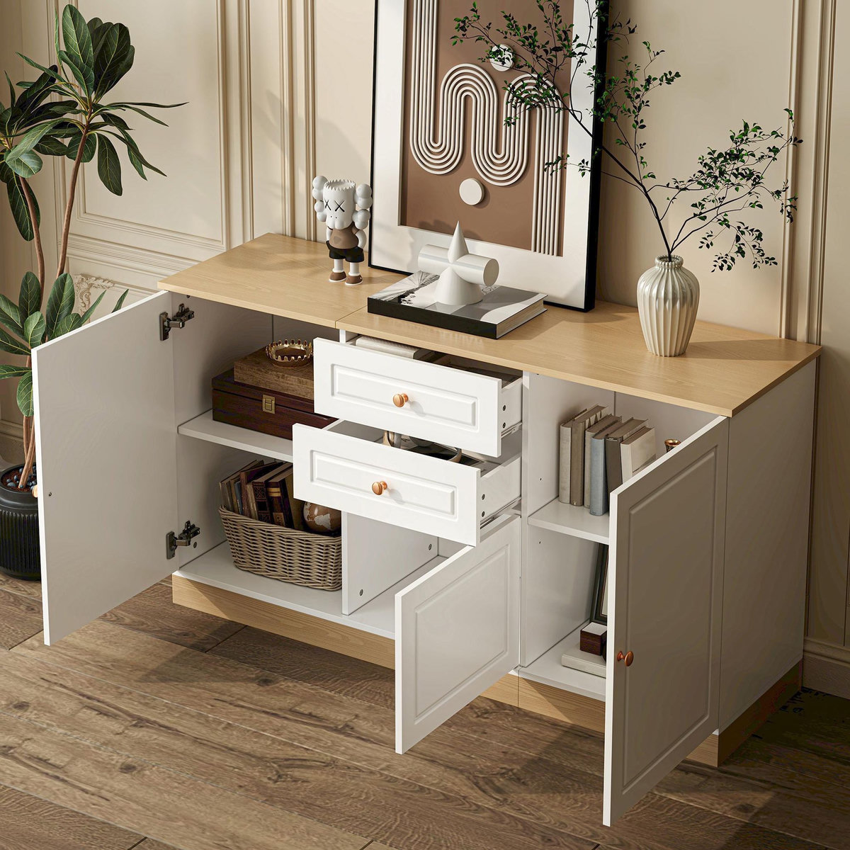 MERAX Buffet 3 porte(s) 2 tiroir(s) - 135,5 cm blanc panneau de particules