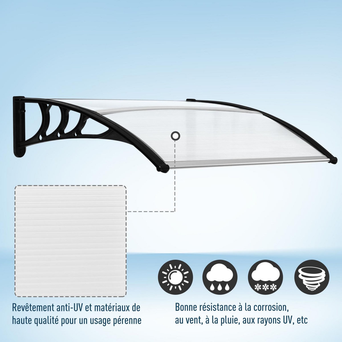 OUTSUNNY Auvent marquise de porte design voûté arrondi dim. 100L x 80l x 23H cm polycarbonate plastique noir