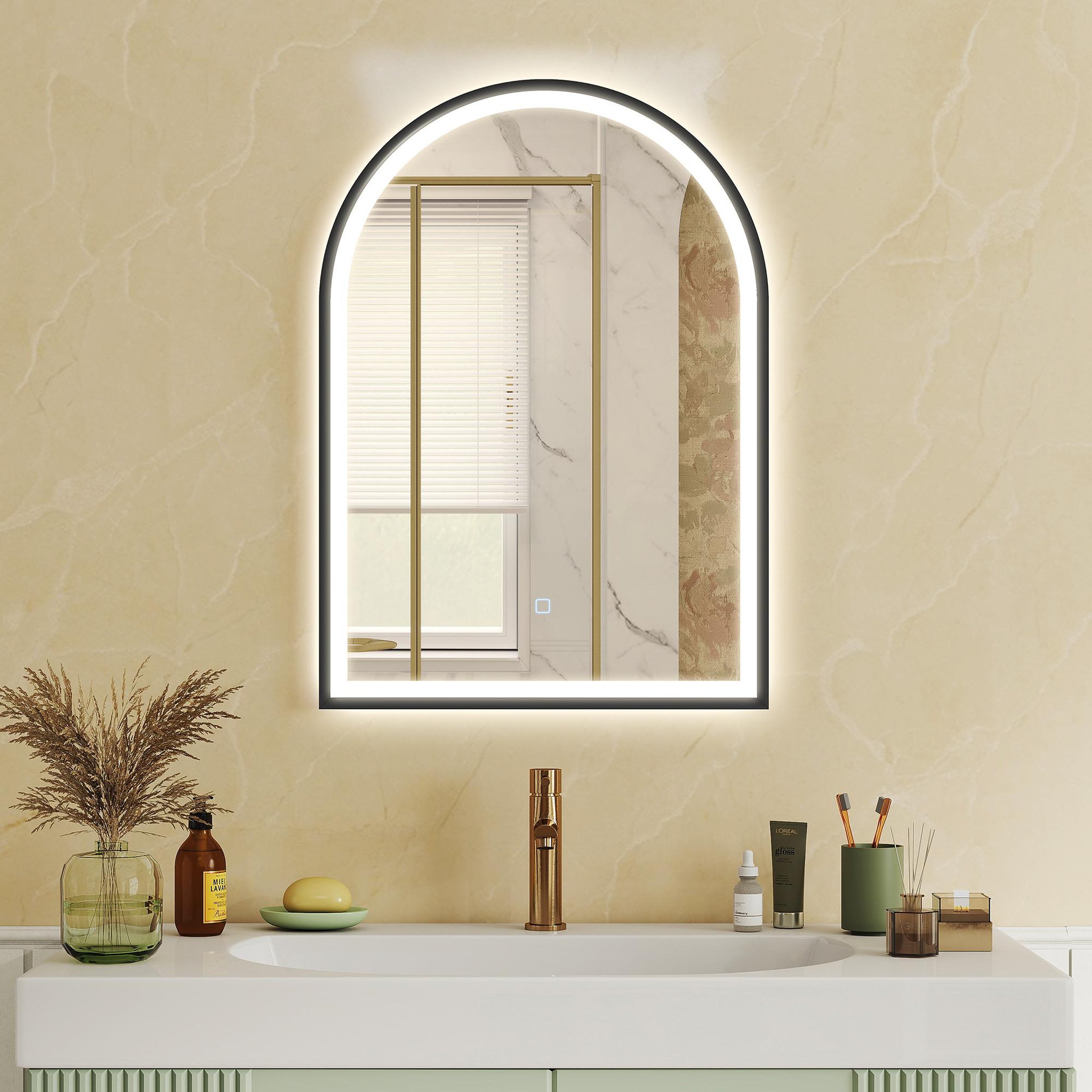 Voir la diapositive 2 : HOMCOM Miroir salle de bain led design arche 50 x 70 cm anti-buée dimmable tactile réglable verre trempé alu noir