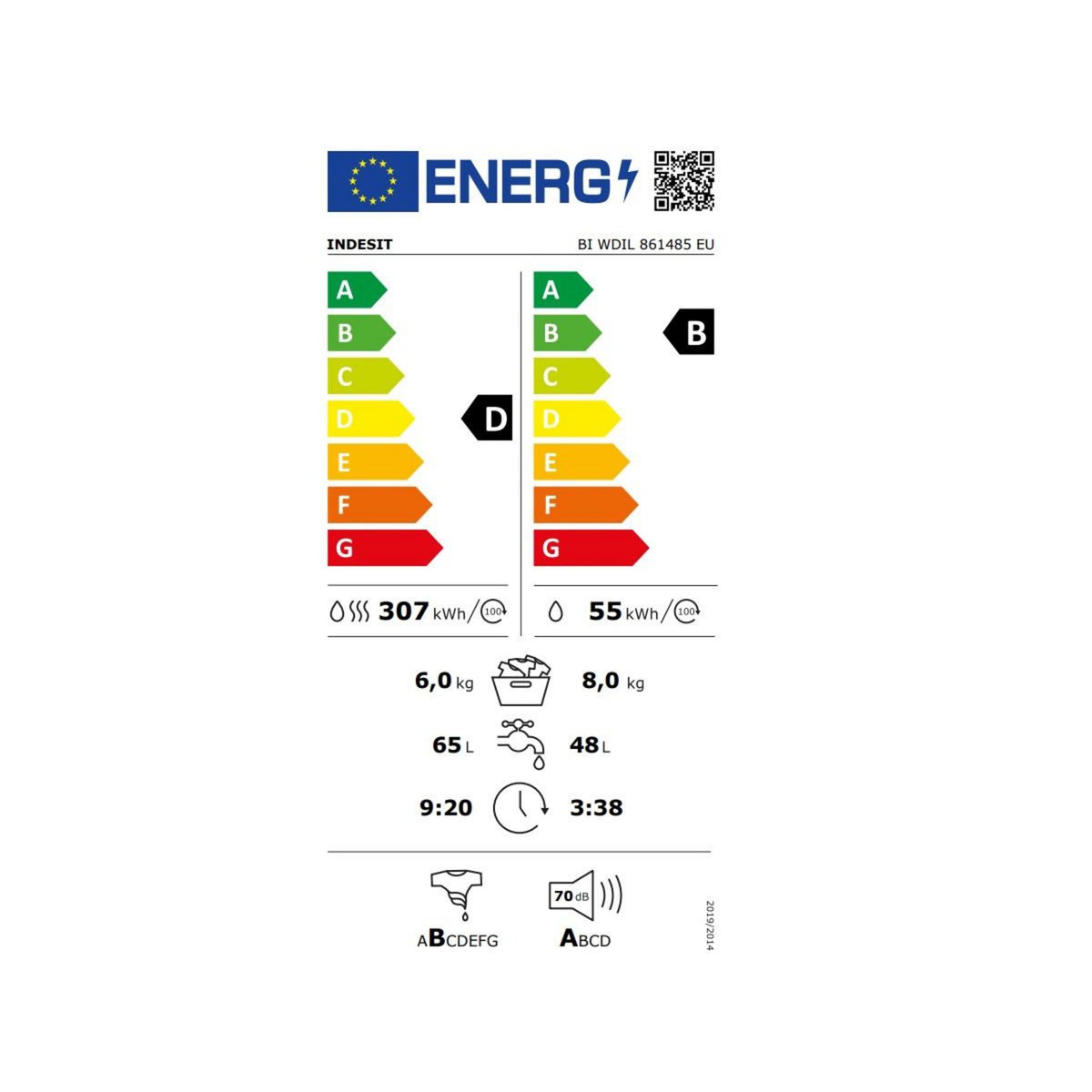 Indesit Lave-linge séchant intégrable 8/6kg 1400 tours/min tout intégrable - BIWDIL861485EU