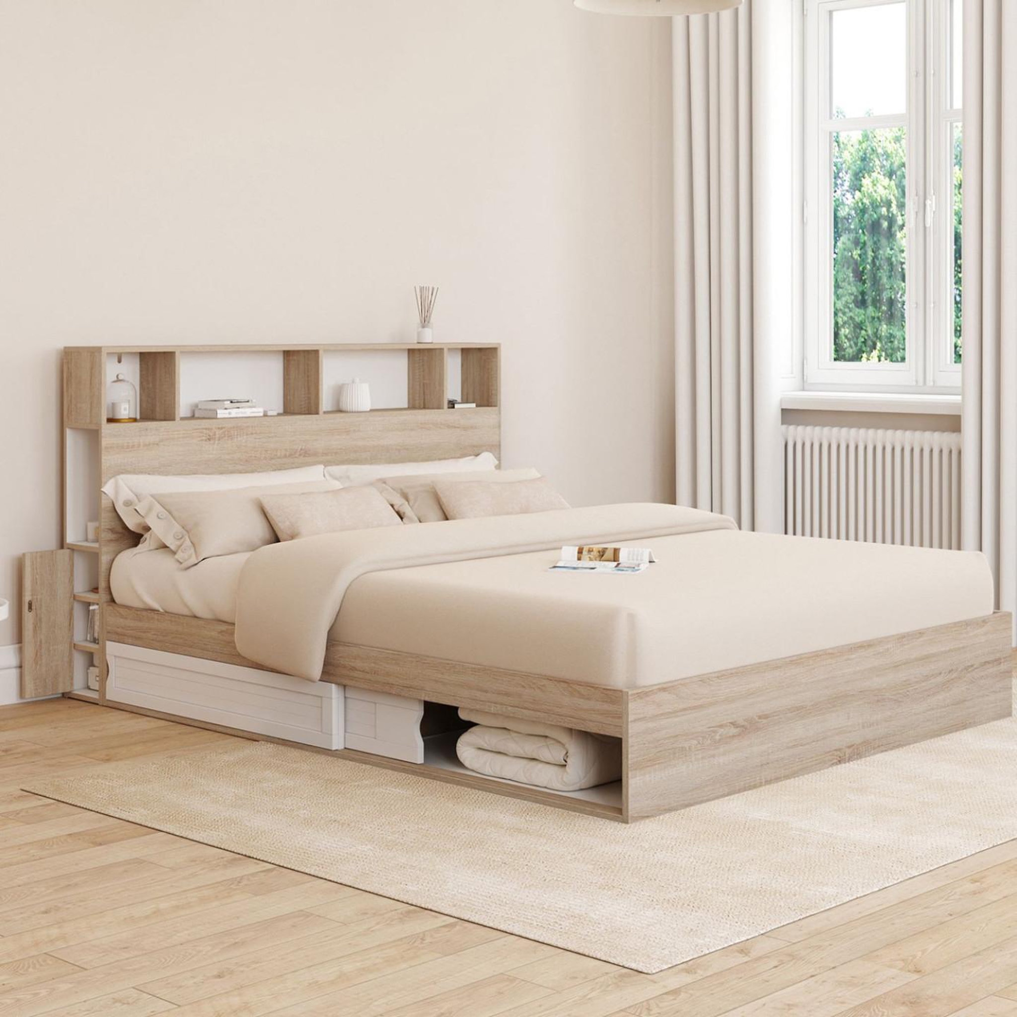 Voir la diapositive 2 : ID MARKET Lit double clem avec rangements + tête de lit et sommier 160 x 200 cm hêtre et blanc