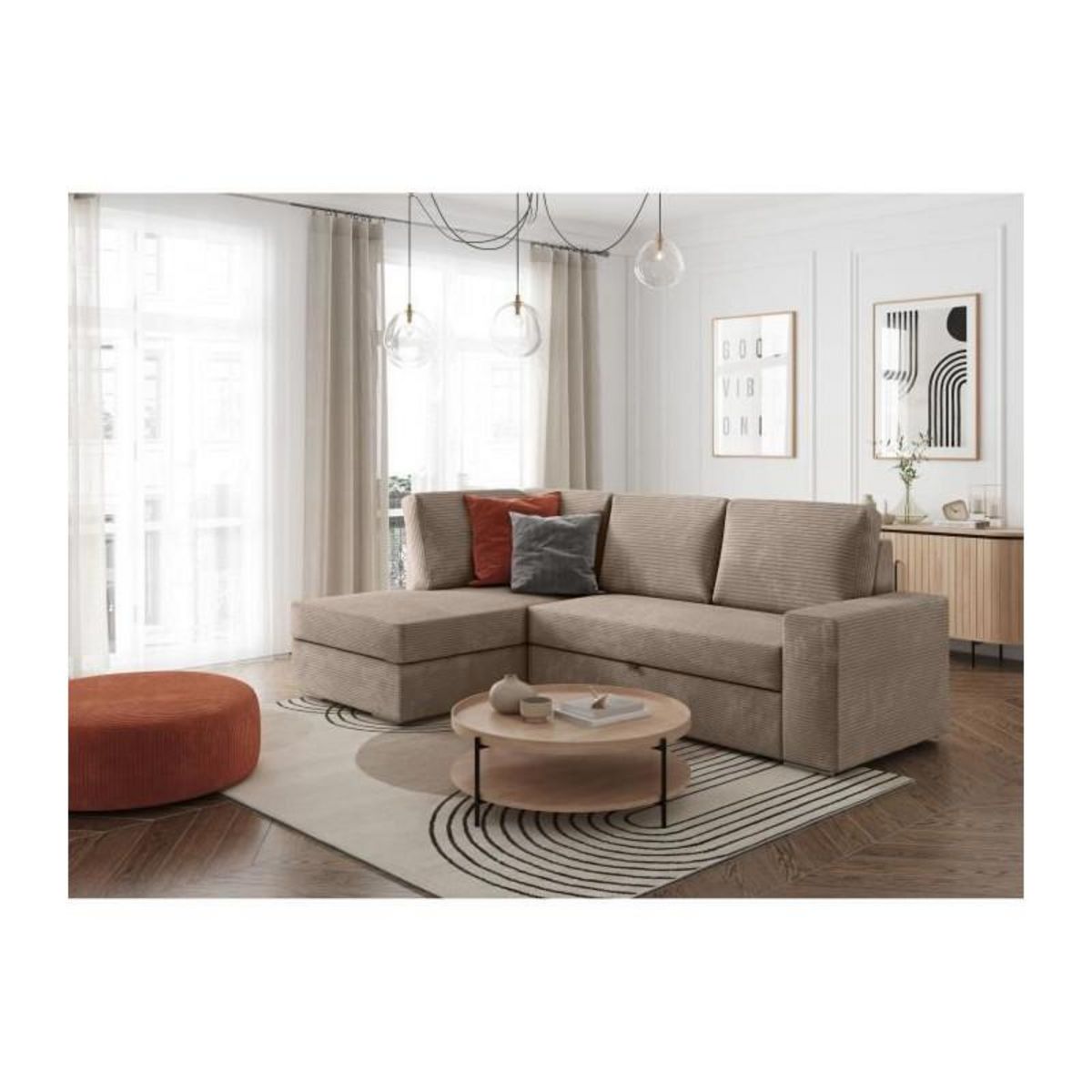 LOUNGITUDE Canapé d'angle gauche convertible ARTEMIS 4 places - Velours côtelé greige - L246 x P174 x H96 cm