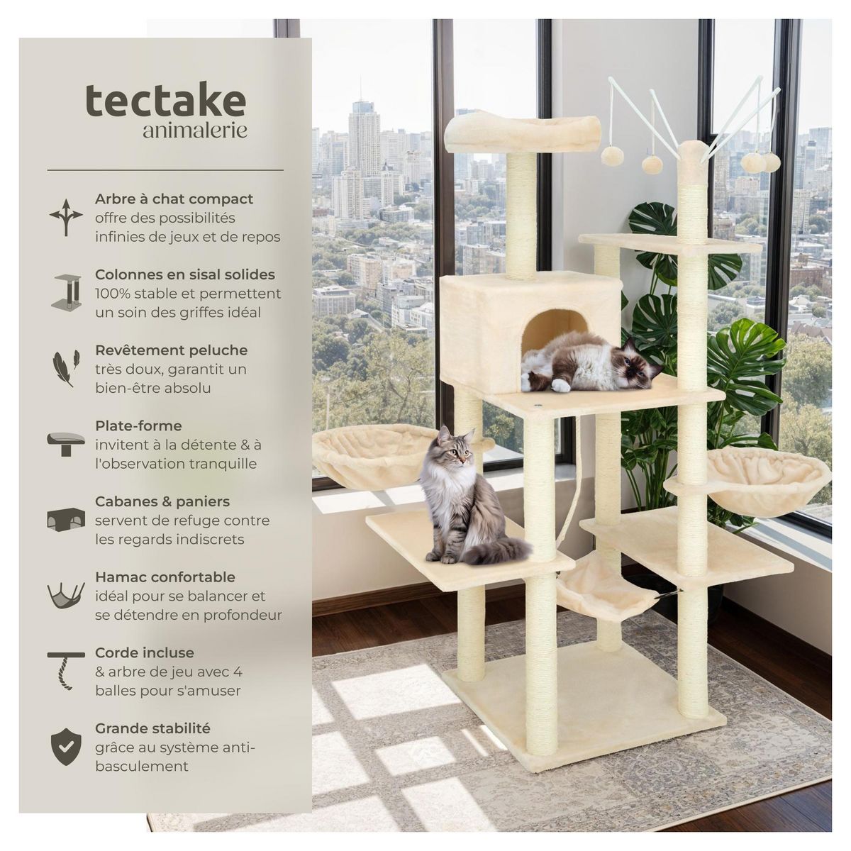 tectake Arbre à chat 165 cm avec griffoir et plateforme d'escalade beige