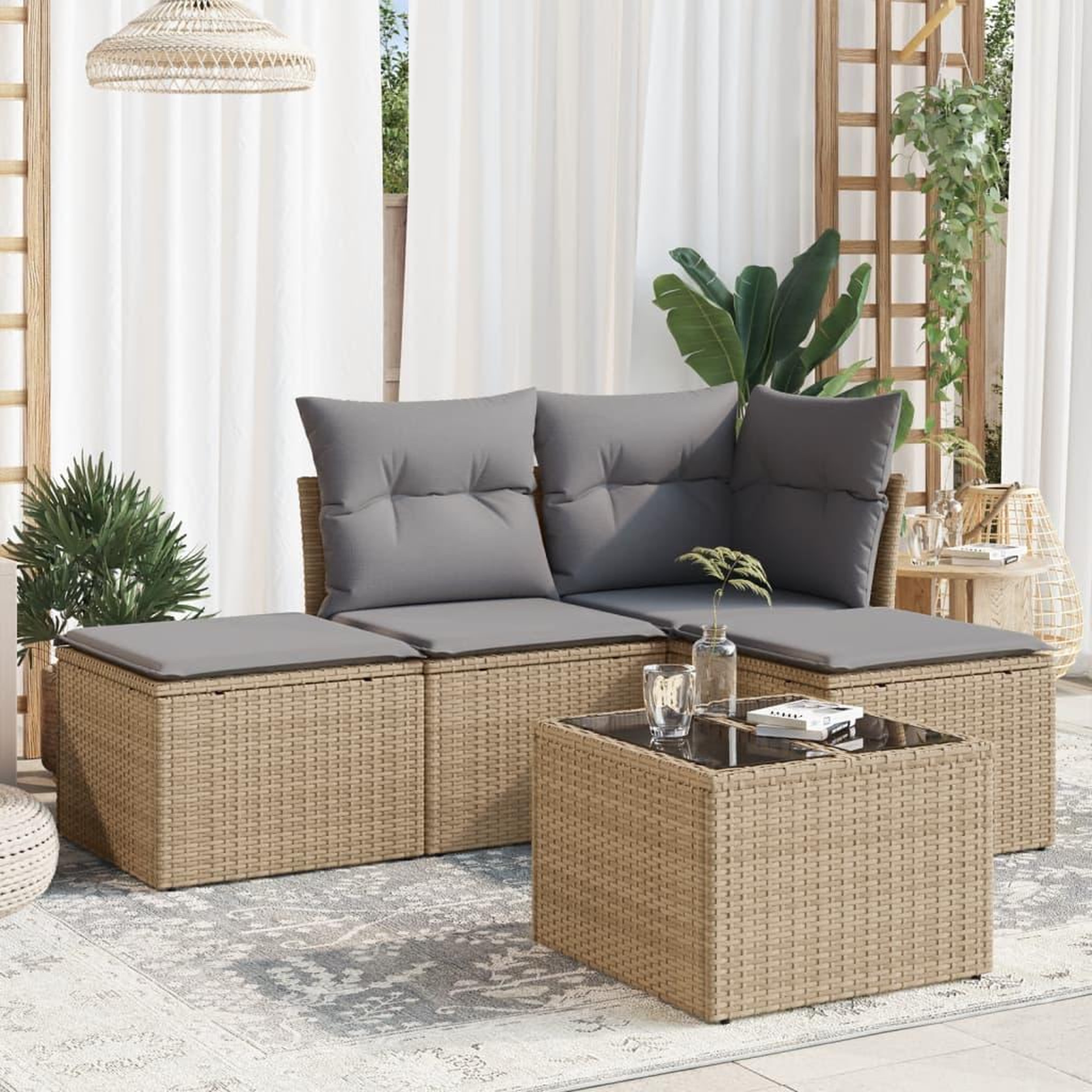 VIDAXL Salon de jardin avec coussins 5 pcs beige resine tressee