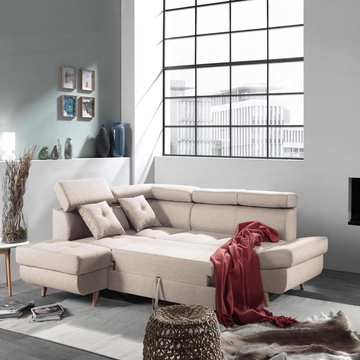 BEST MOBILIER Linea - canapé d'angle gauche convertible - 5 places - avec têtières