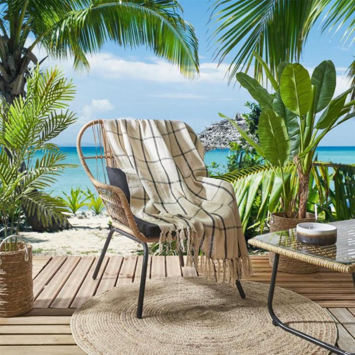 Paris Prix Plaid à Franges  Imprimé  125x150cm Beige & Noir