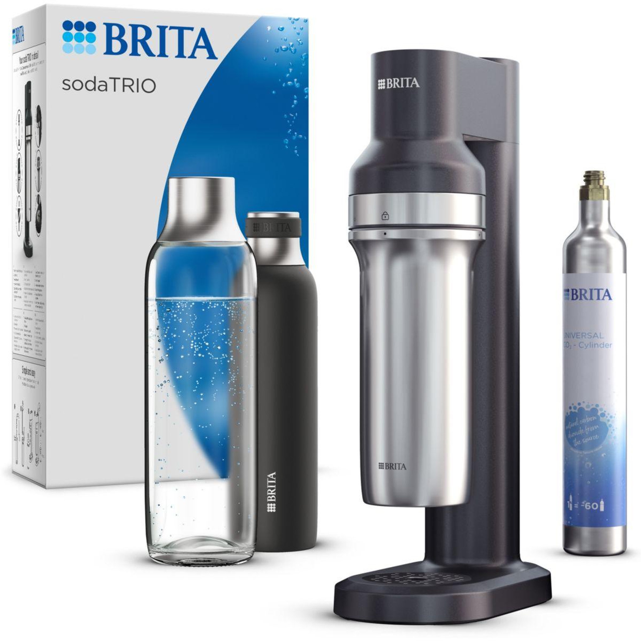 Brita Machine à soda sodaTRIO noire + 1 cylindre CO+ 1 bouteille verre 1L + 1 bouteille isotherme 0.65L