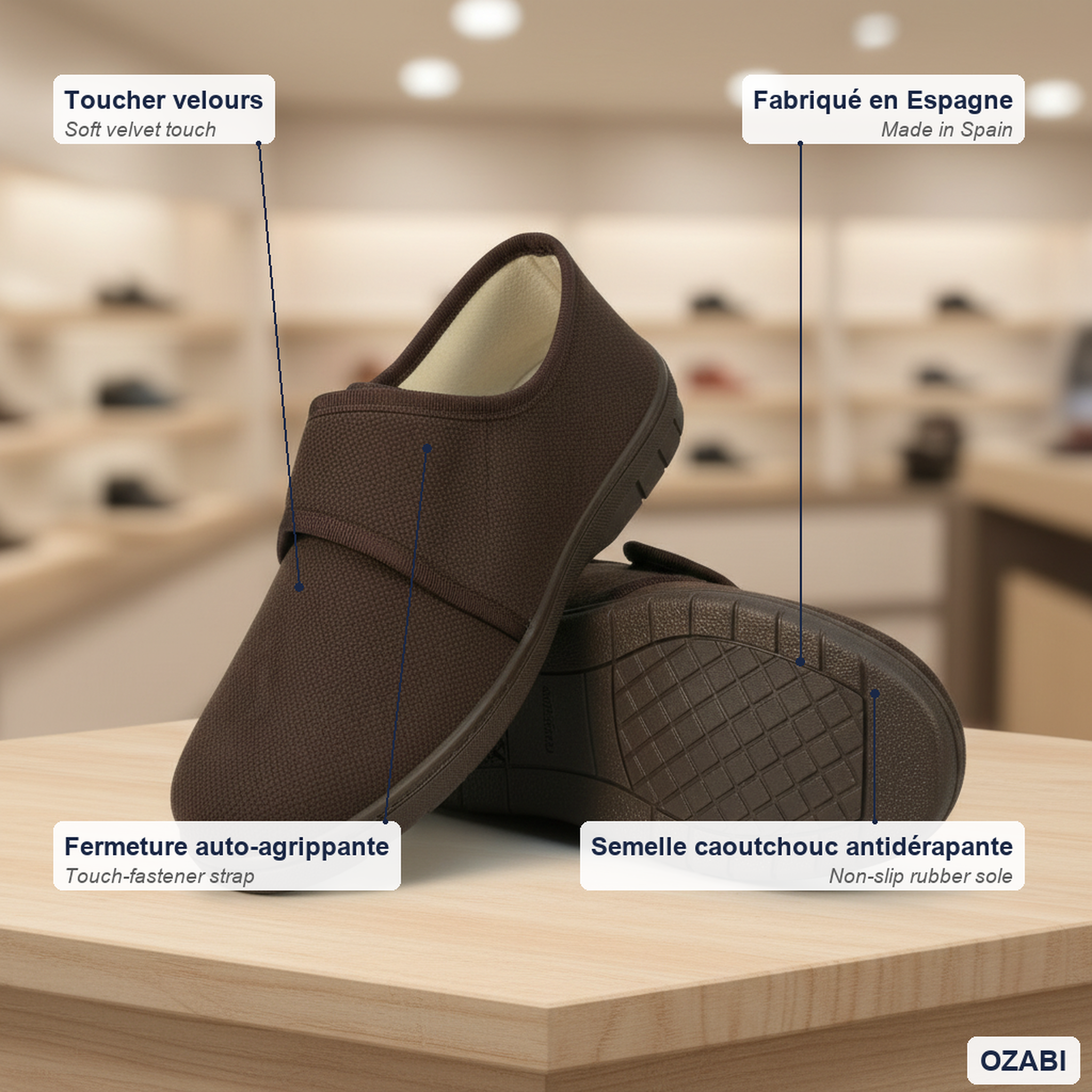 Voir la diapositive 4 : OZABI Ozabi charentaises homme fabriquées en espagne, fermeture auto-agrippante
