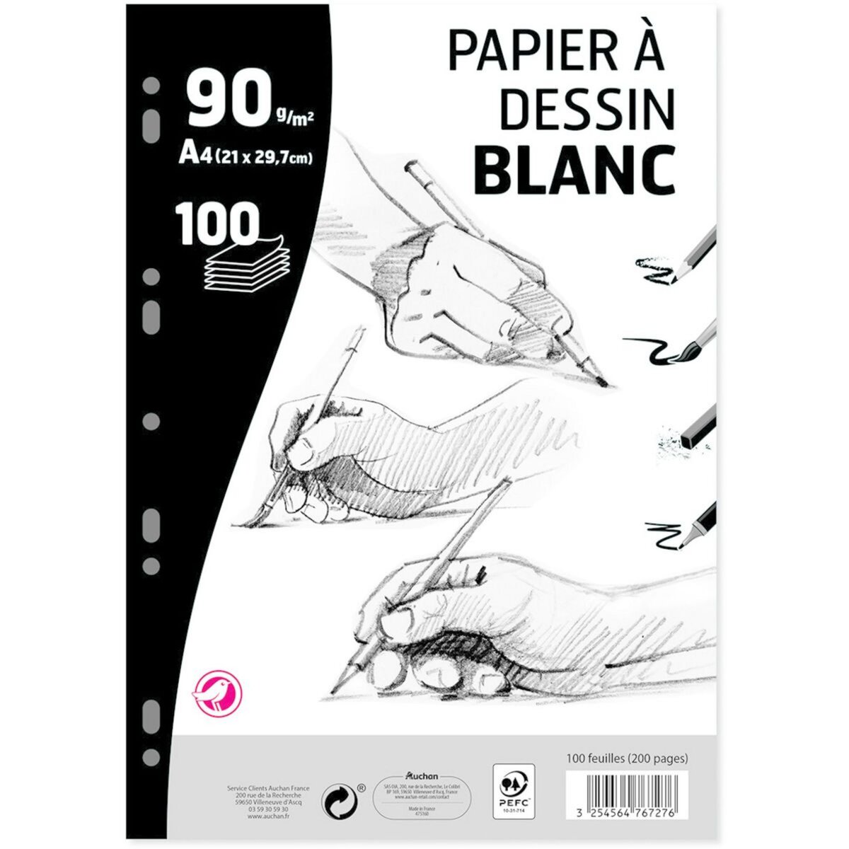 AUCHAN Bloc feuilles simples à dessin 100 feuilles A4 blanc uni perforées