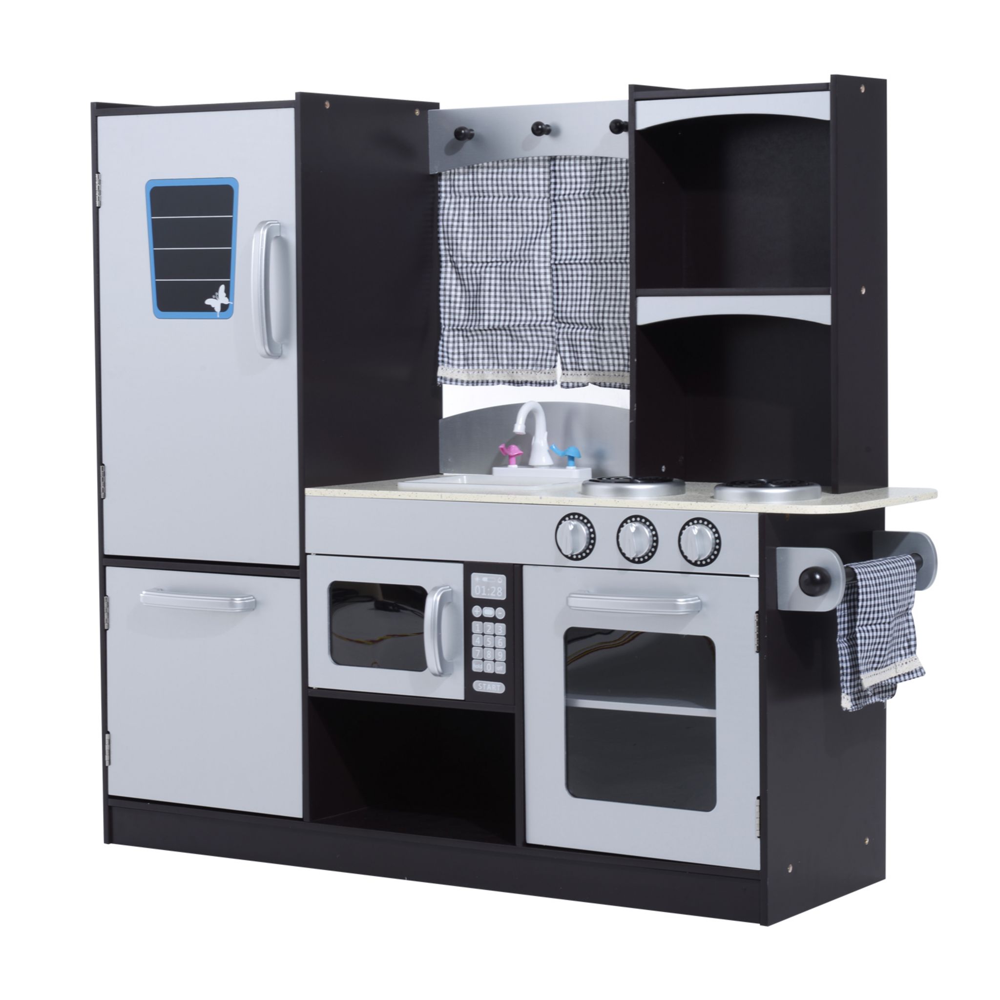 HOMCOM Cuisine pour enfants en bois jeu jouet d'imitation grand réalisme multi-équipement 105L x 32l x 95H cm argent noir