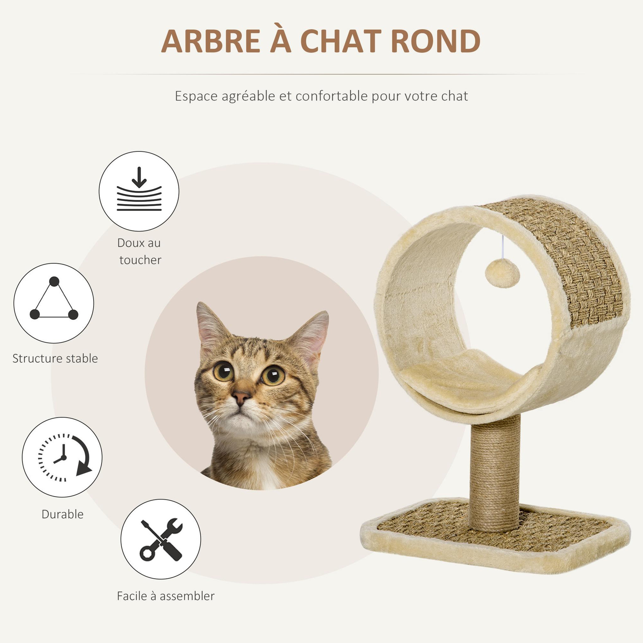 Voir la diapositive 4 : PAWHUT Arbre à chat rond style cosy chic griffoir grattoirs sisal jeu suspendu souris niche avec coussin cordes d'algues tressées peluche courte beige