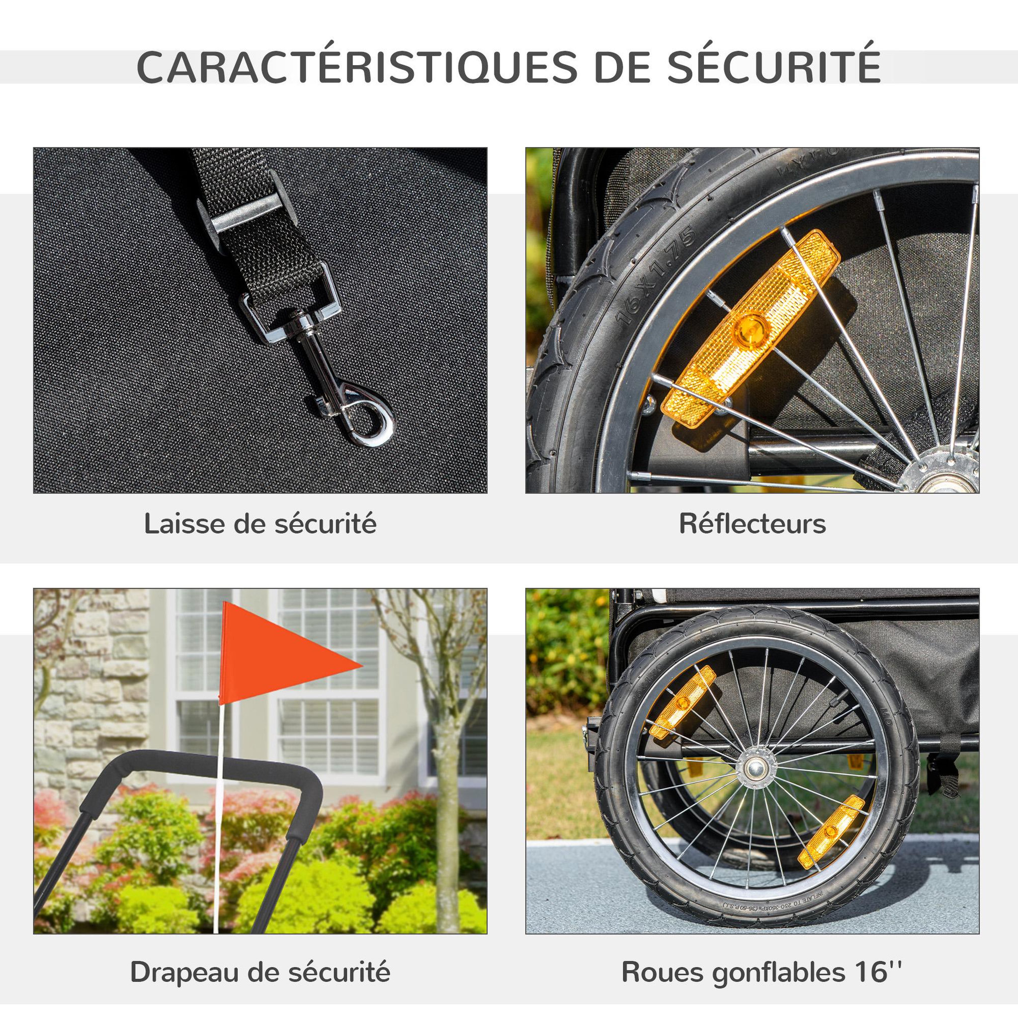 Voir la diapositive 6 : PAWHUT Remorque vélo jogger 2 en 1 pour chien - remorque à vélo pour chien - attache, drapeau, roue av pivotante, réflecteurs - noir