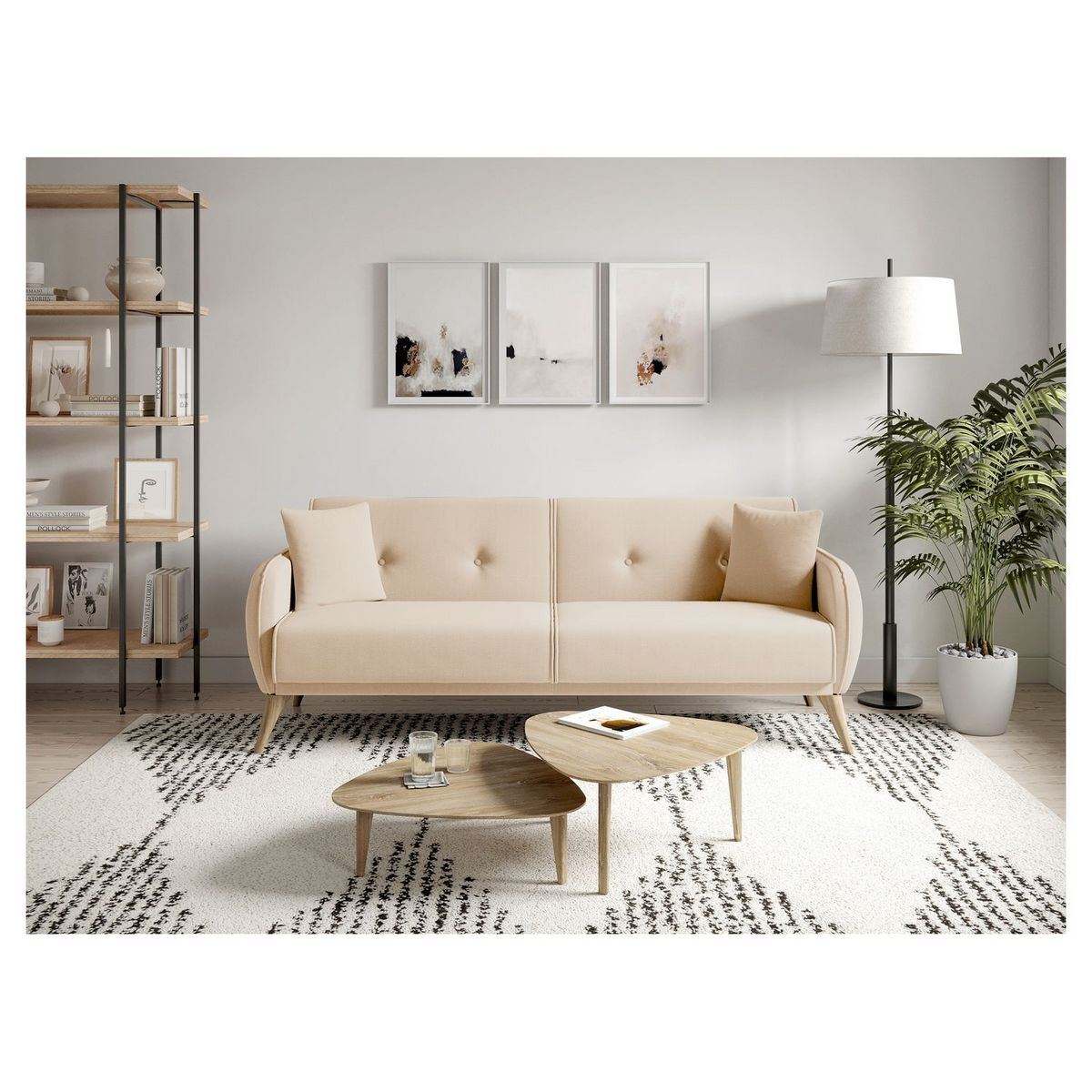 Canapé droit convertible 3 places tissu pieds bois clair BONJO