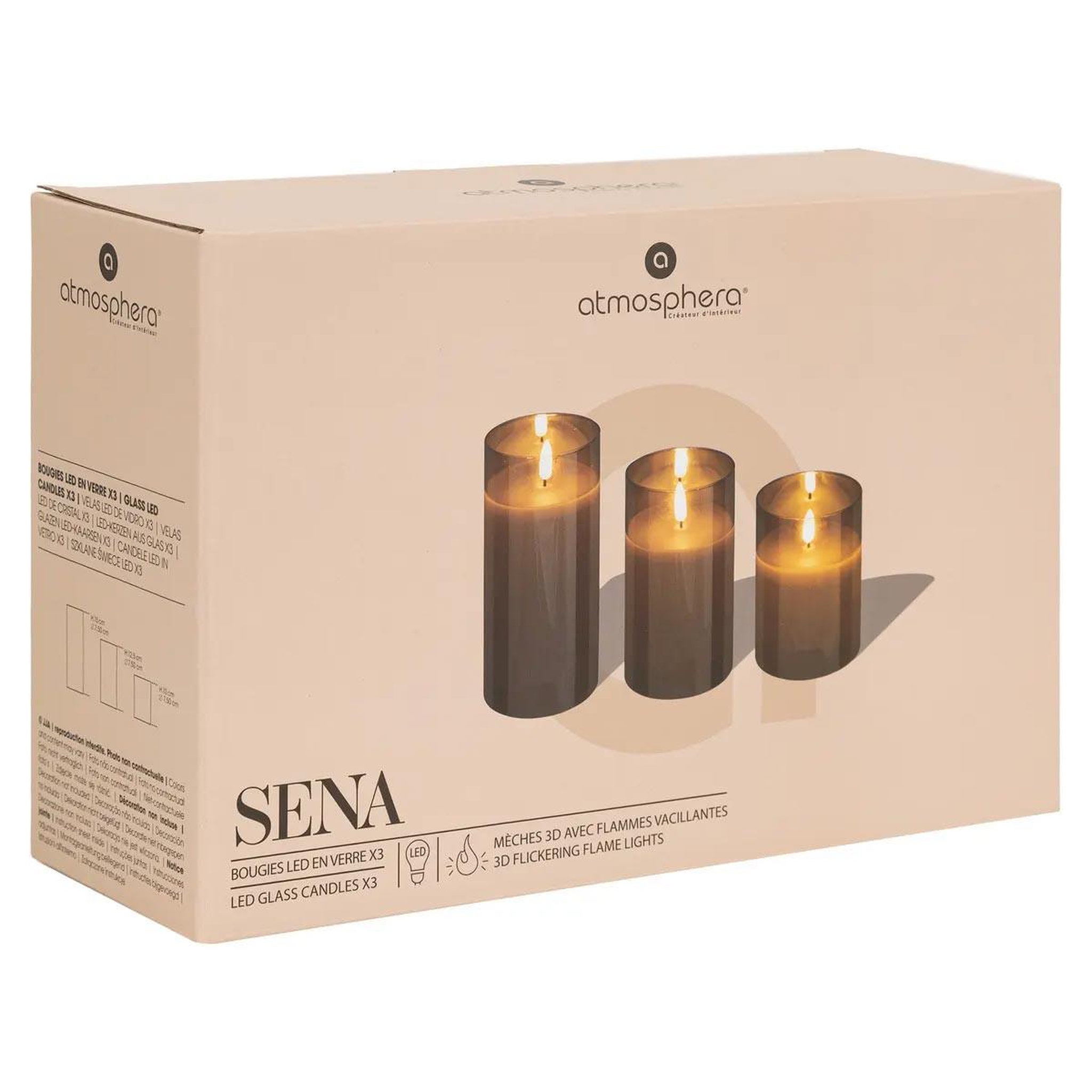 Voir la diapositive 6 : ATMOSPHERA Lot de 3 Bougies LED en Verre  Sena  15cm Ambre