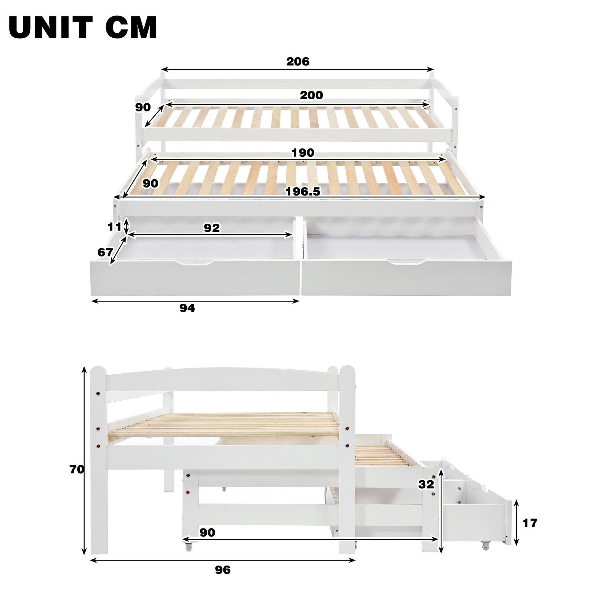 Voir la diapositive 3 : MERAX Lit gigogne 90x200(90x190)cm bois coloris blanc