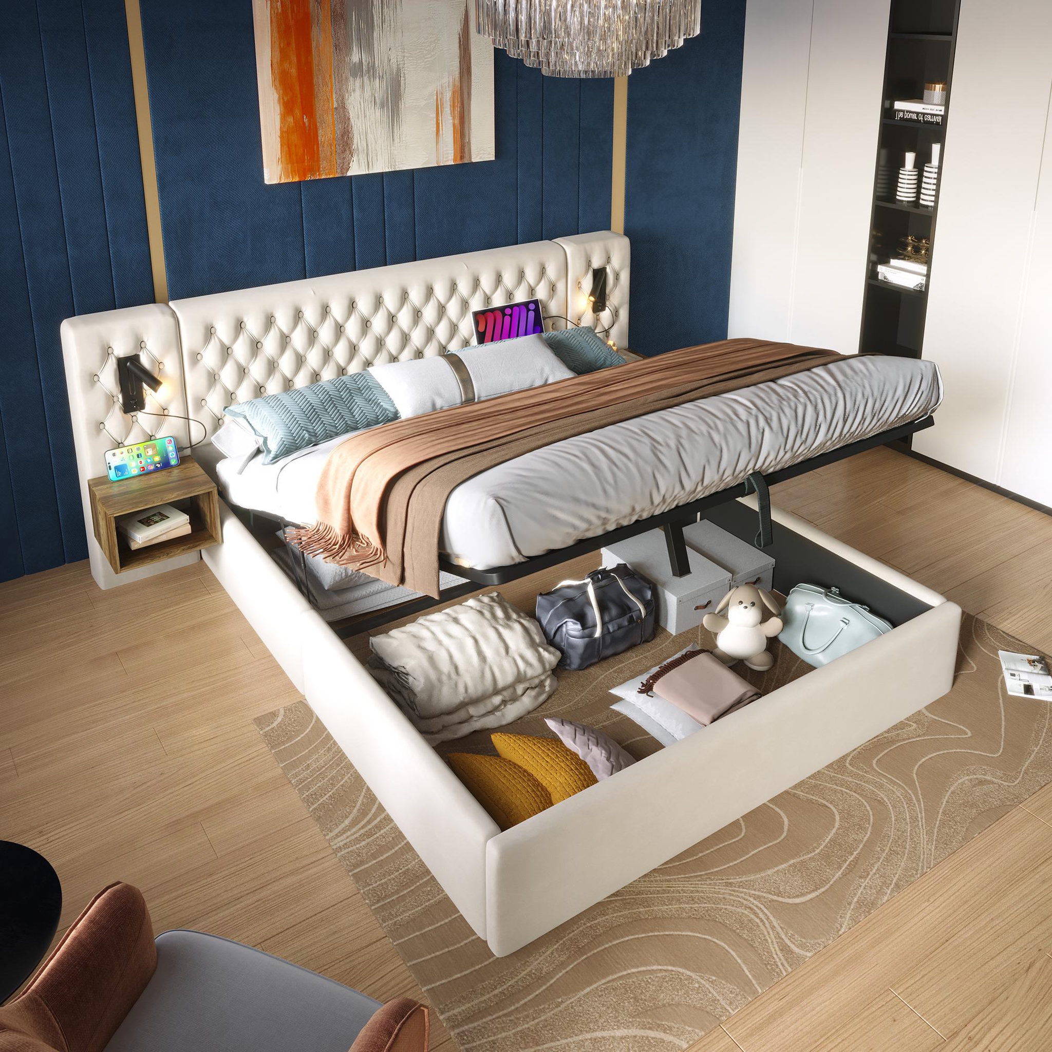 Voir la diapositive 2 : MERAX Lit coffre velours avec 2 chevets, liseuses led usb et tête de lit
