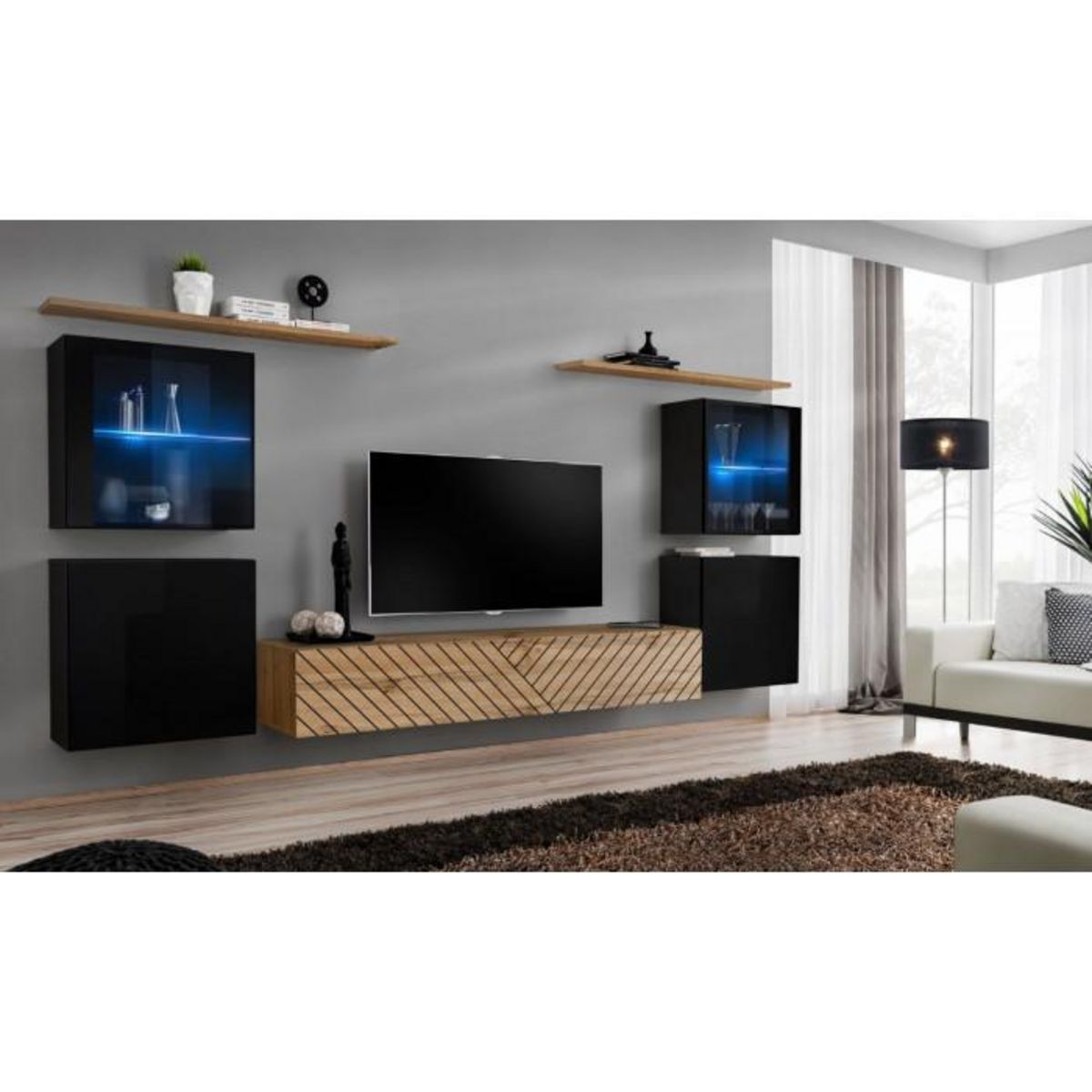 Paris Prix Ensemble Meuble TV  Switch Lamel XIV  320cm Naturel & Noir