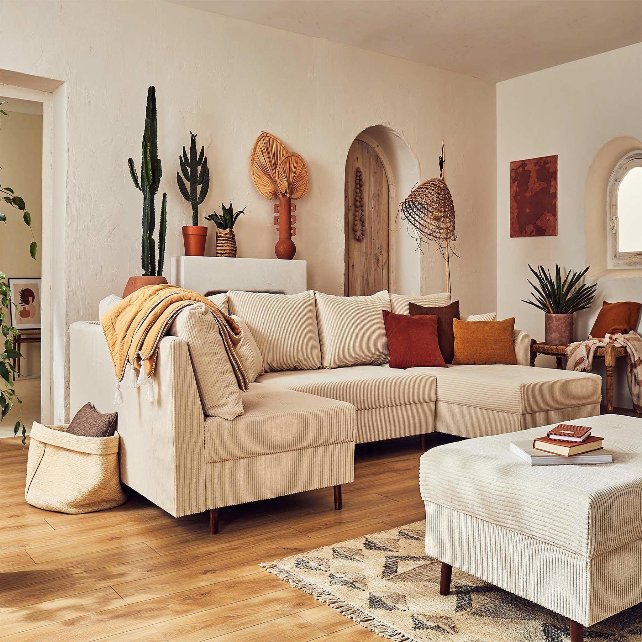 Voir la diapositive 2 : BEST MOBILIER Rune - canapé panoramique d'angle gauche - 7 places - avec pouf d'appoint - en velours côtelé