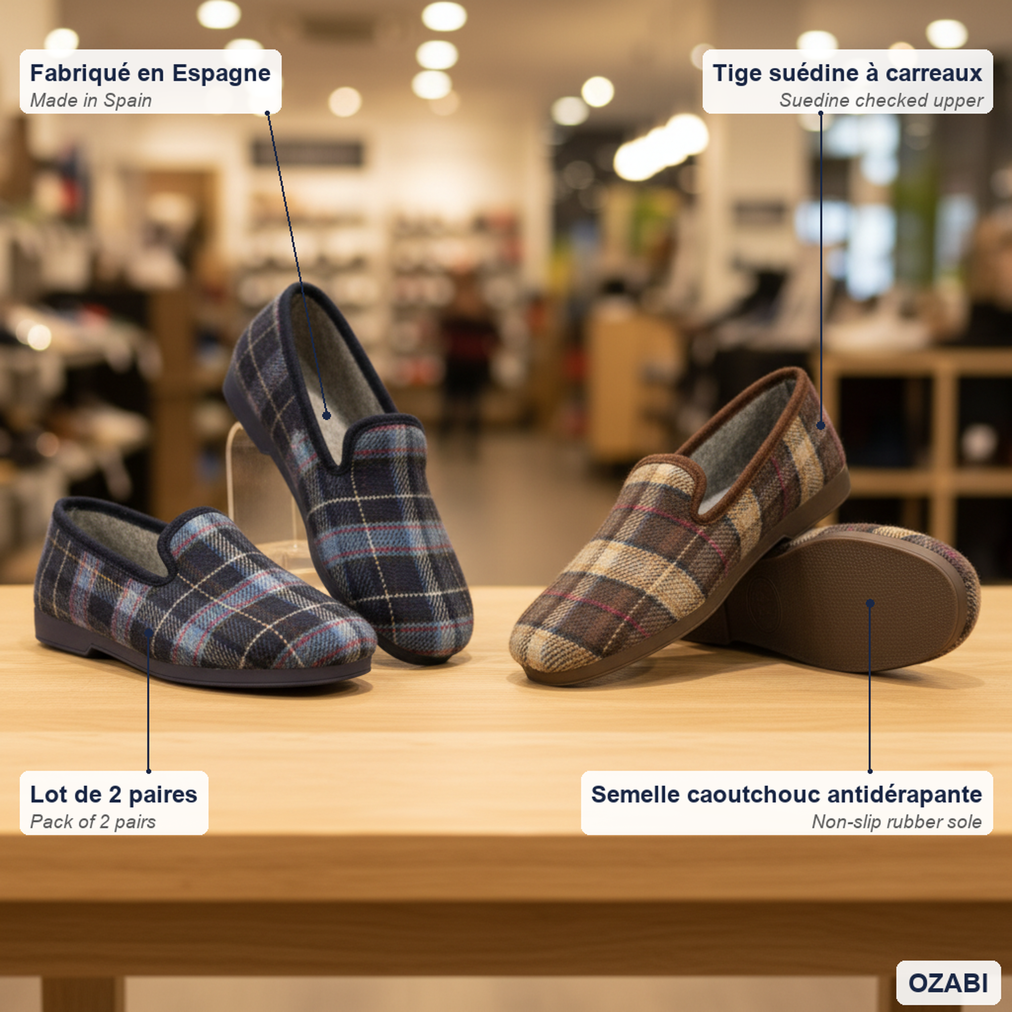 Voir la diapositive 5 : OZABI Ozabi pack de 2 paires pantoufles charentaises homme fabriquées en espagne