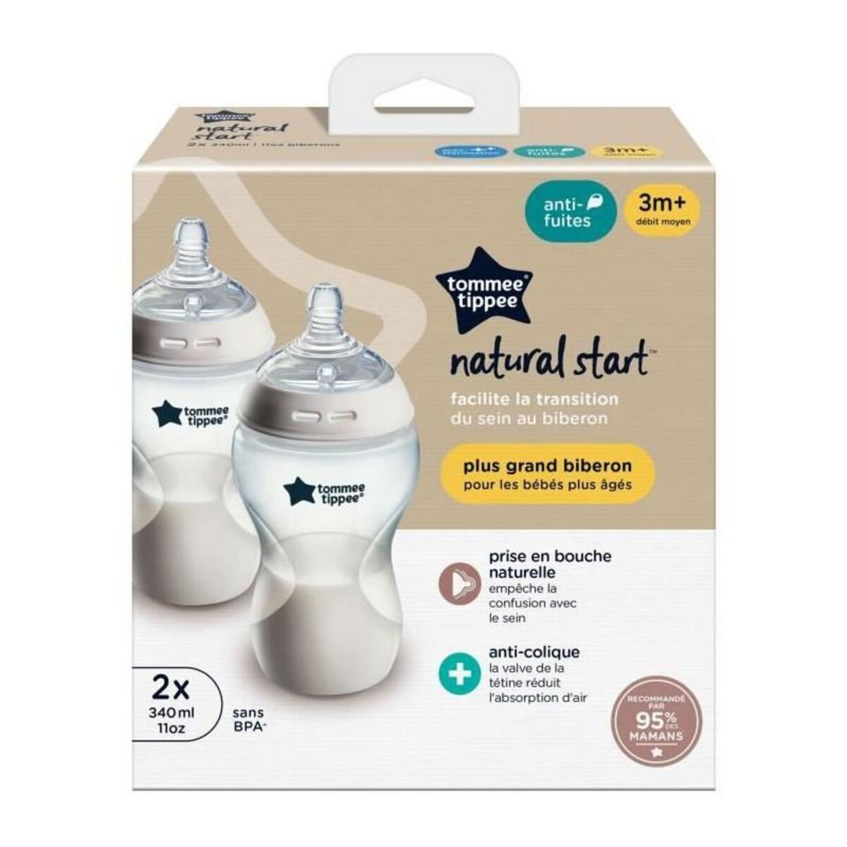 TOMMEE TIPPEE Biberons - TOMMEE TIPPEE - NATURAL START- 340 ml - Anti-colique - Tétine imitant la forme du sein - Lot de 2