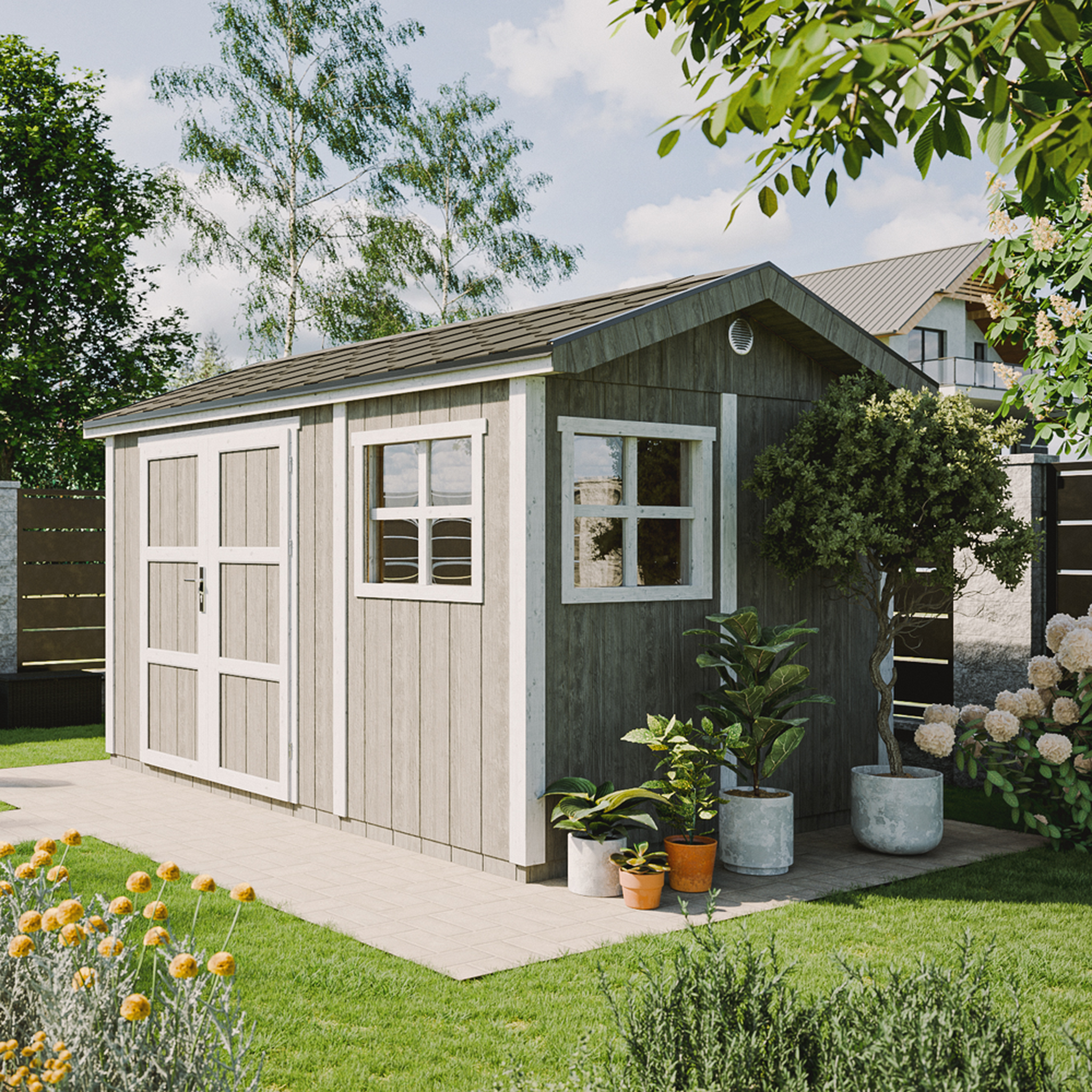 Voir la diapositive 3 : TIMBELA Abri de Jardin Qualité Premium 8,68 m² H252x250x412cm Avec un sol et des bardeaux bitumineux M914A